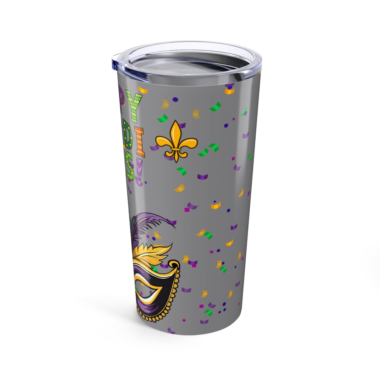 Mardi Gras 20oz Tumbler — "Happy Mardi Gras" Mask & Confetti Insulated Cup-Gray
