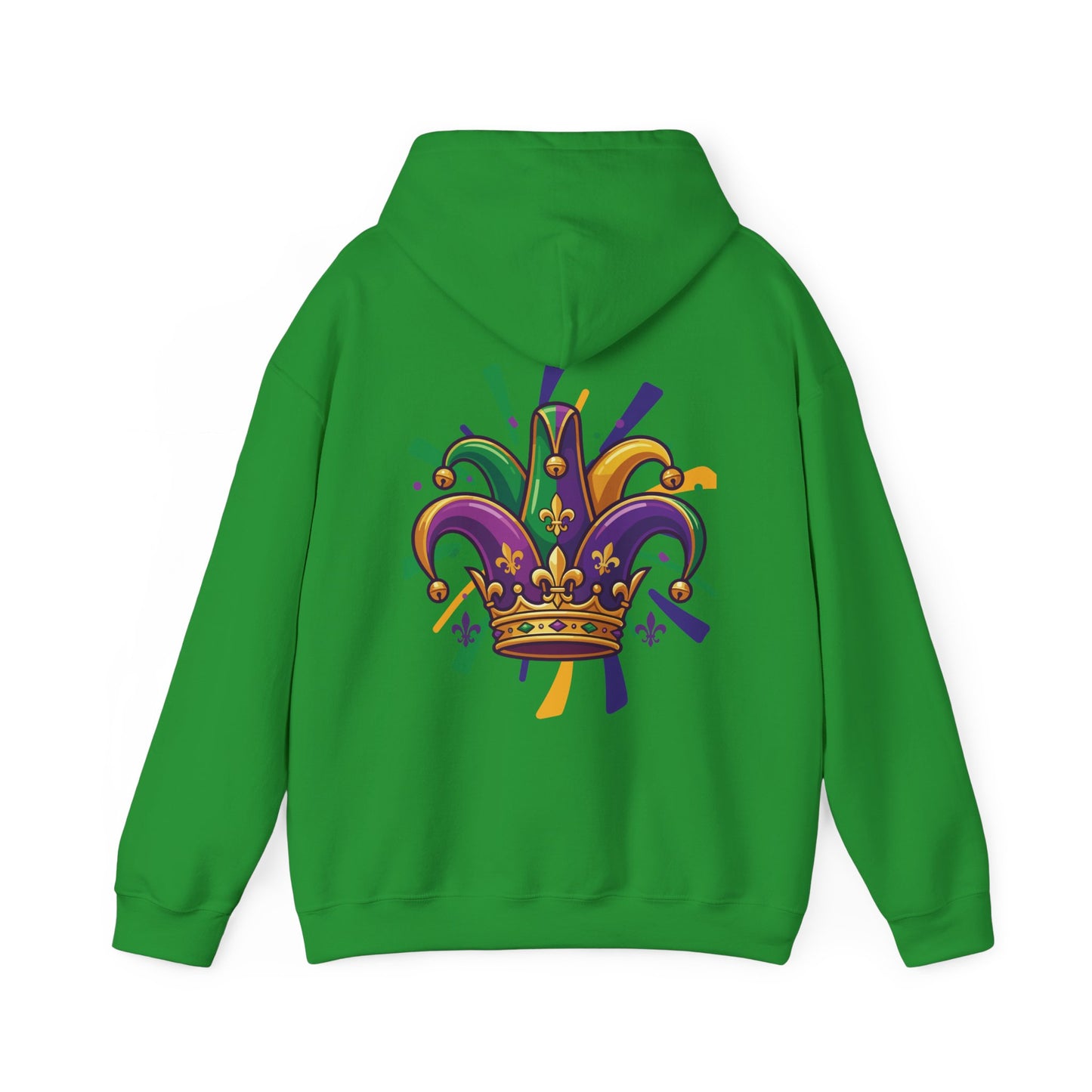 "Mardi Gras Jester Crown" Unisex Pullover Hoodie.  Festive Colorful Front Chest & Bold Back Designs Make This THE Hoodie Of Carnival Season!