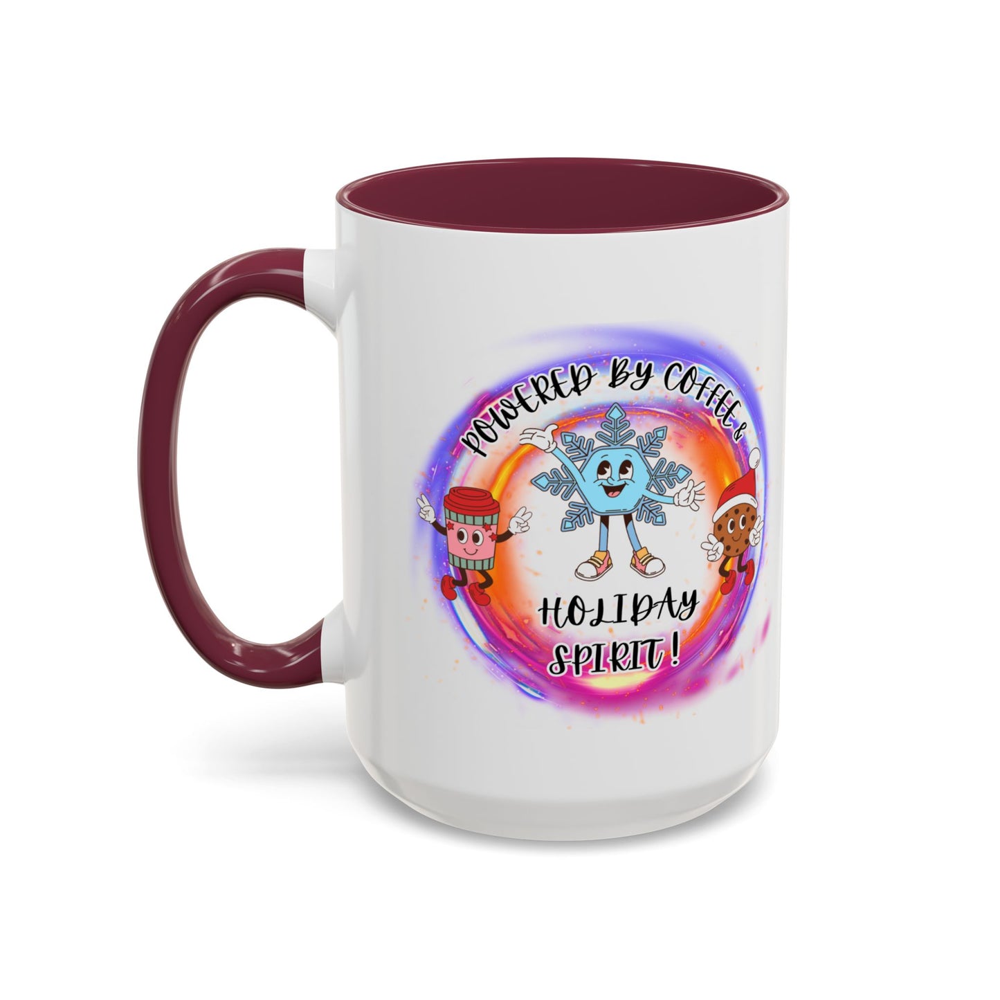 "Powered By Coffee and Christmas Spirit"   Two Tone Accent  Mugs (11oz, 15oz)
