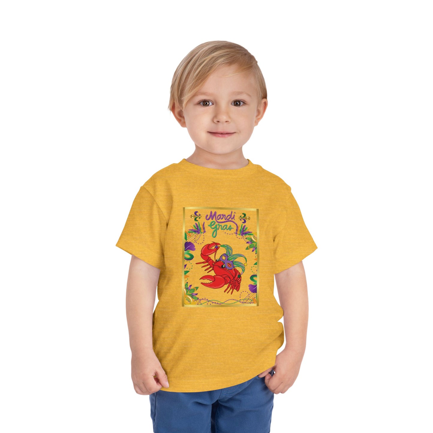 "Mardi Gras Crawfish" Toddler Short Sleeve Tee — Festive Masked Bright Red Crawfish Ready for Carnival!