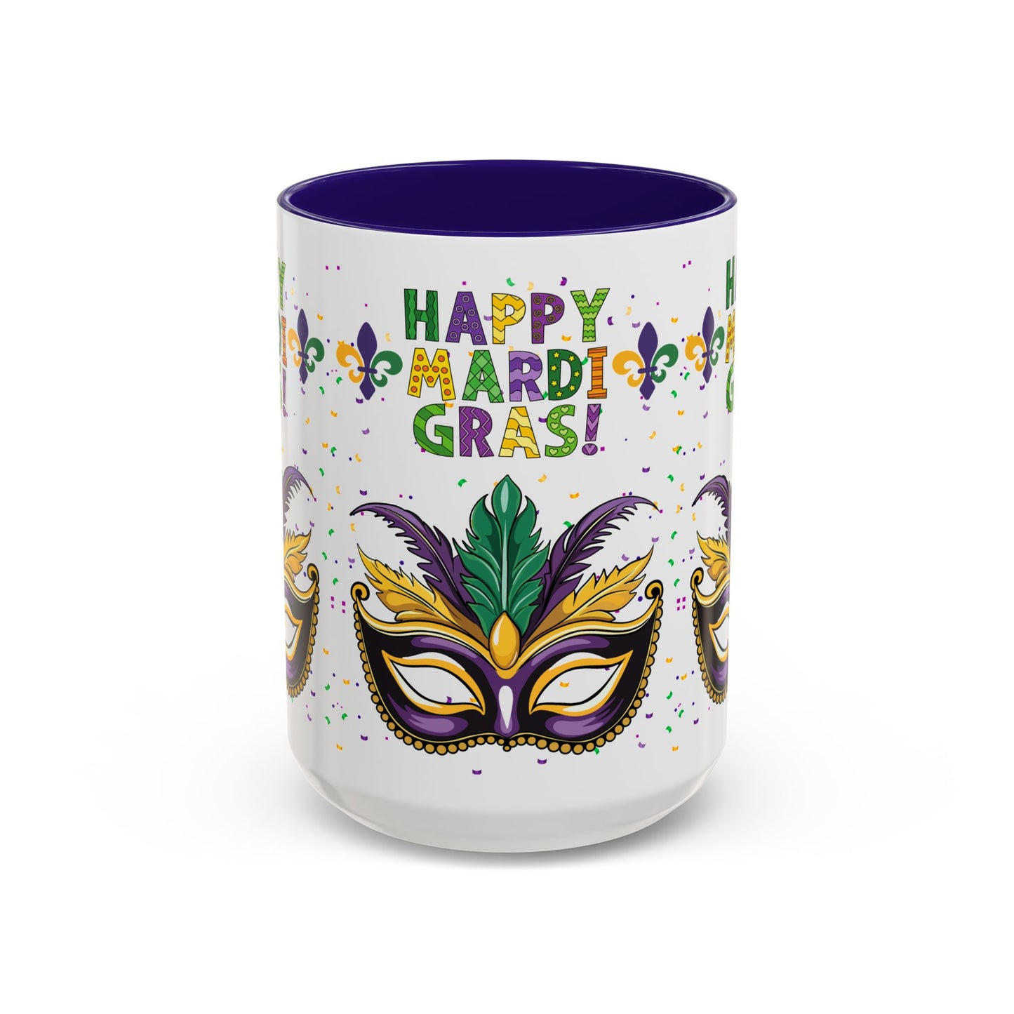 "Happy Mardi Gras" Mugs — Colorful 11oz/15oz Carnival Mask-Fleur De Lis Design White Ceramic Mugs