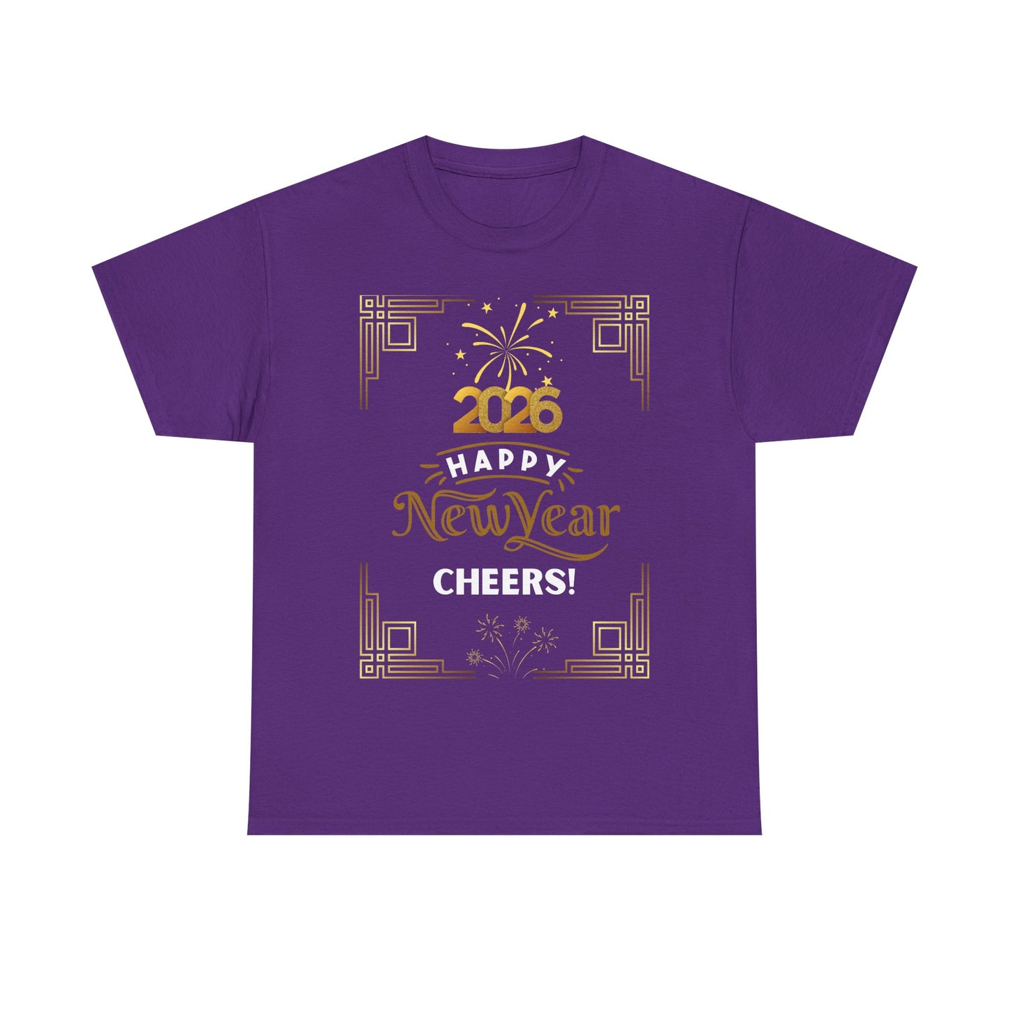 "Happy New Year -Cheers!" 2026  Unisex Midweight T-Shirt- 100 % Cotton — Festive "Art Deco Style" New Years Tee Great for Casual Celebrations or Parties While Ringing In the New Year!