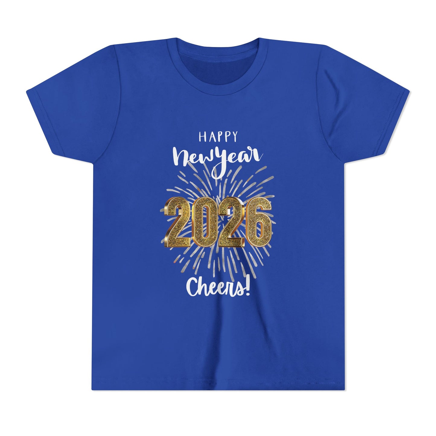 "Happy New Year 2026- Cheers!", Unisex Youth Tee.  Sparkling  Fireworks Make This Tee The One to Wear On That Special Day!