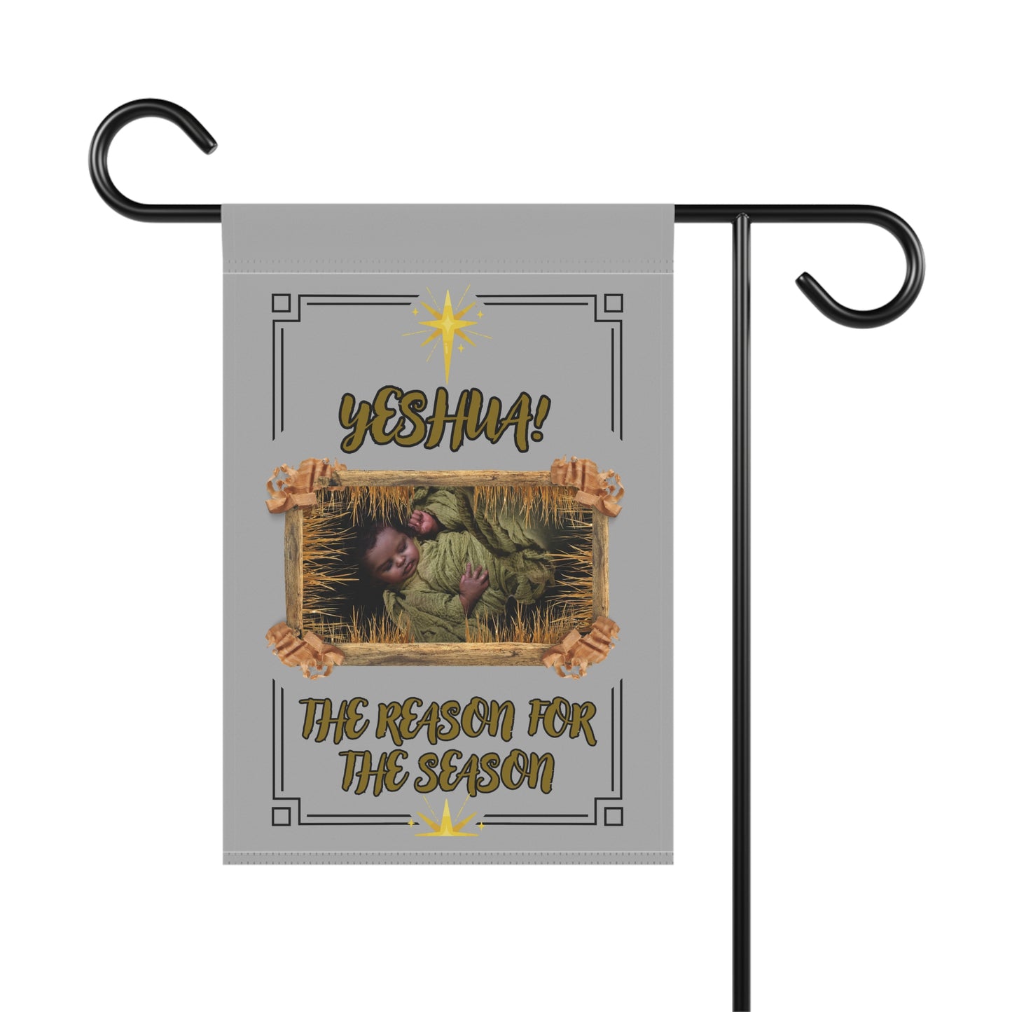 Yeshua! The Reason For The Season" Nativity Garden Flag – Nativity Themed Baby In A Wooden Manger in  Gray
