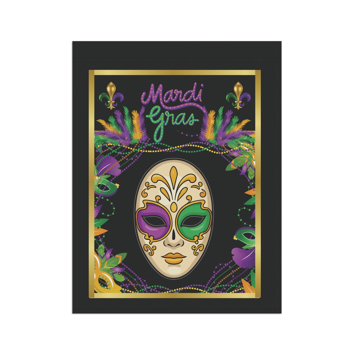 "Mardi Gras Mask",  12in x 18in  Black Garden Flag – Beautiful Beaded Mask And Carnival Colored Accents Help Celebrate Mardi Gras!