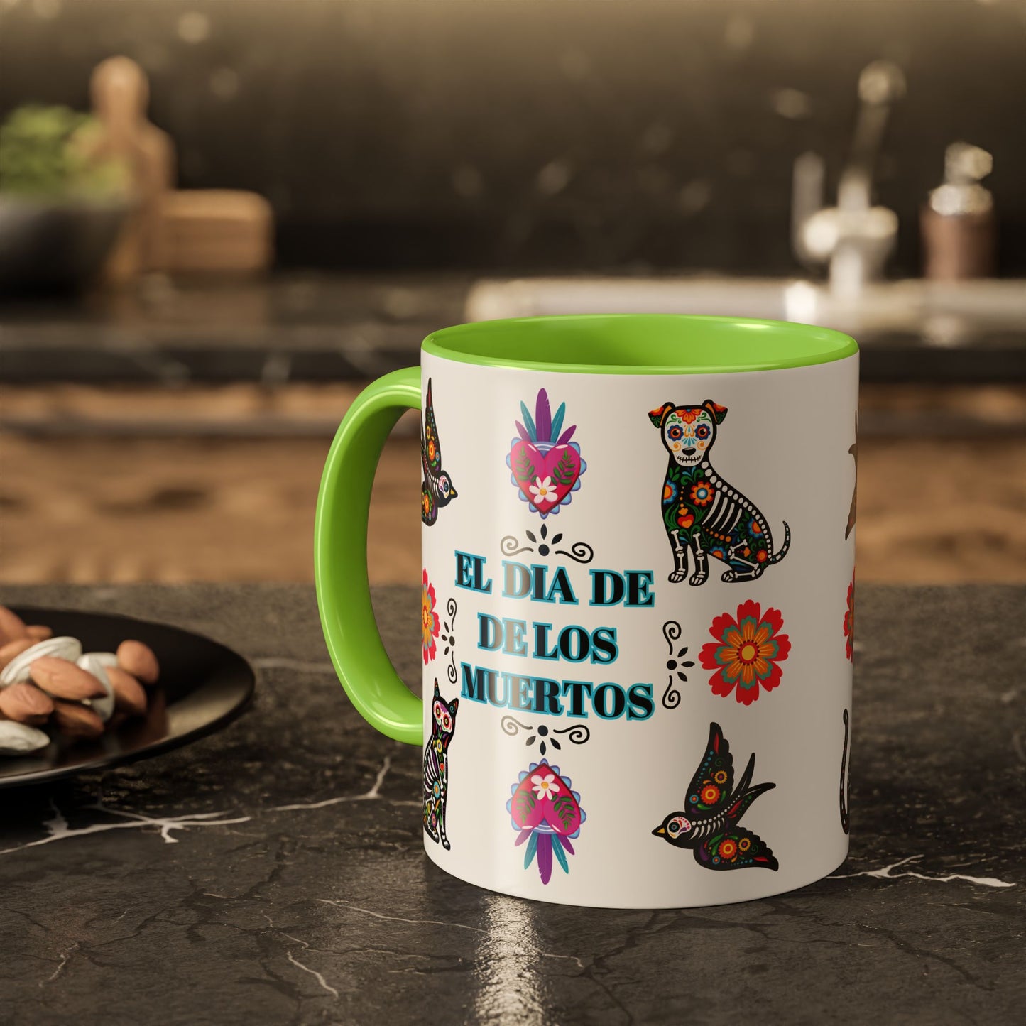 "El Dia De Los Muertos" Colorful White Ceramic Mugs with Colorful Accents Mugs, 11oz and 15oz