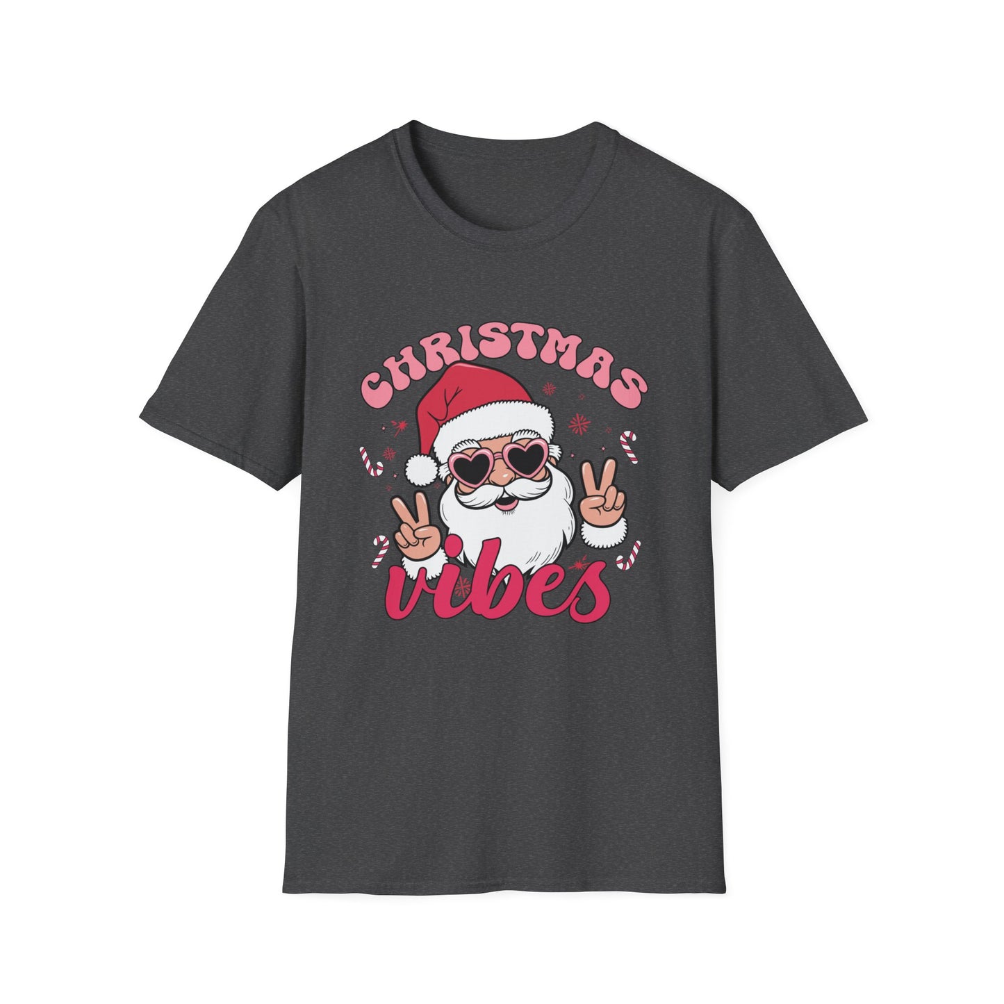 "Christmas Vibes"  Smiling Santa Holiday Unisex T-Shirt.  Cool(Tan)Santa Wearing His Shades And Sharing A "Peace Sign".