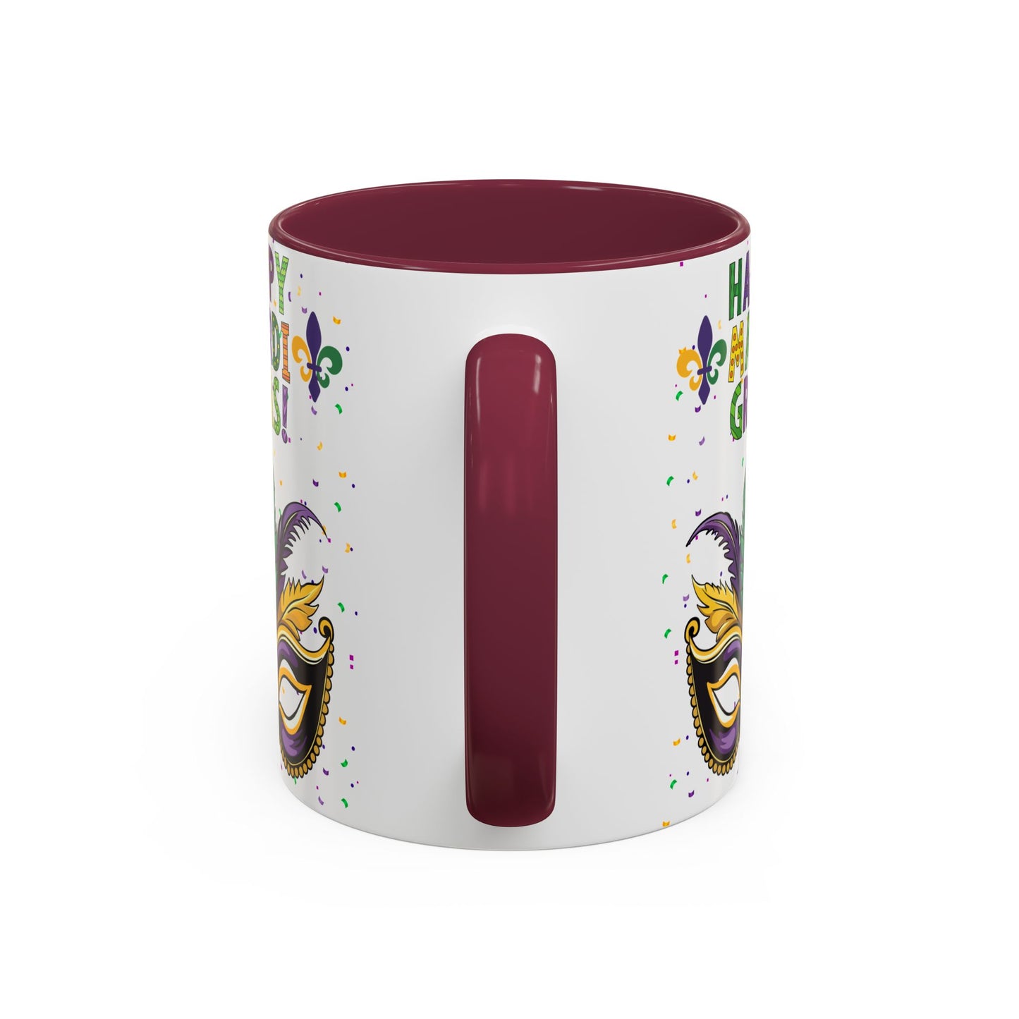 "Happy Mardi Gras" Mugs — Colorful 11oz/15oz Carnival Mask-Fleur De Lis Design White Ceramic Mugs