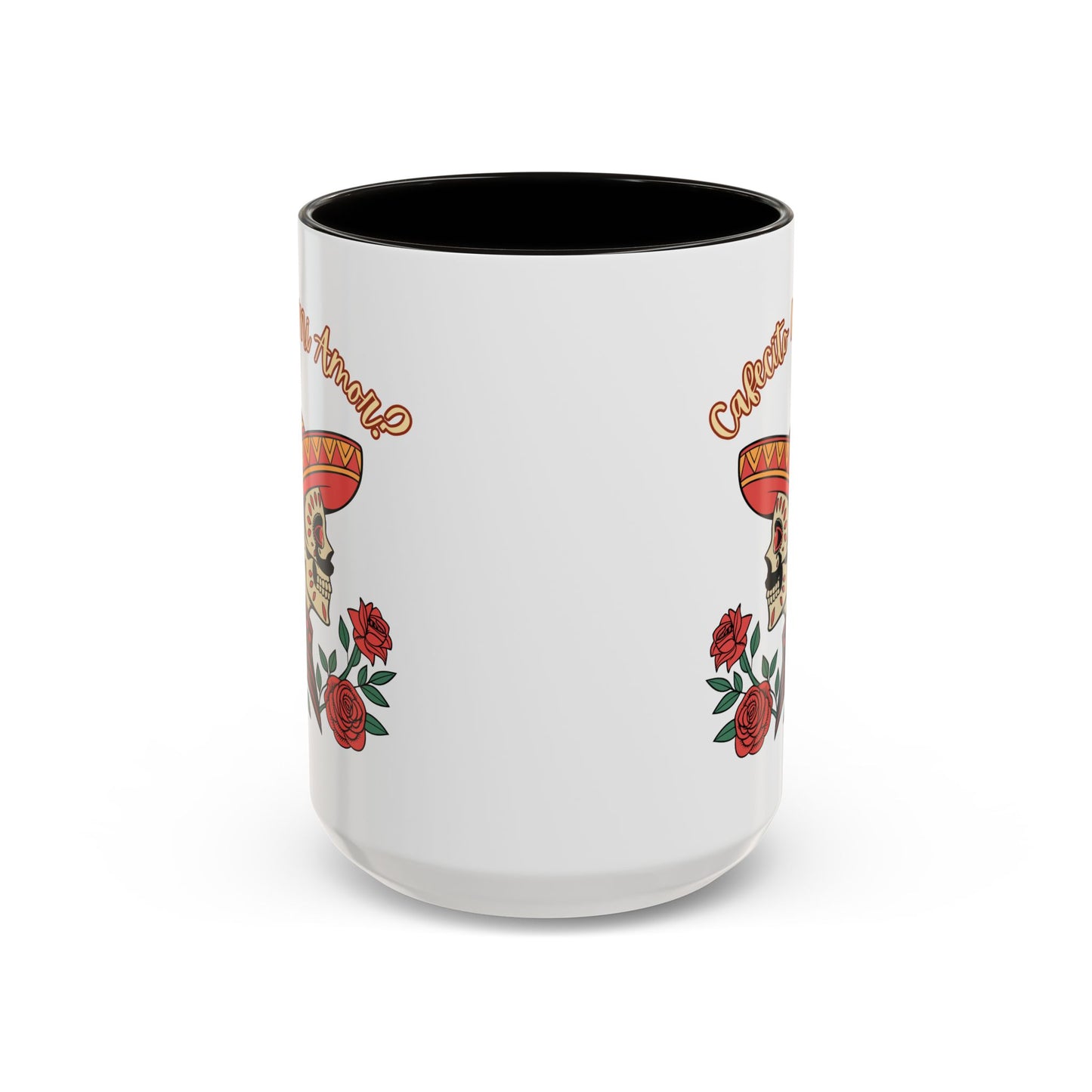 "Cafecito Mi Amor?" -El Hombre, Sugar Skull Style, White Ceramic Mugs with Colorful Accents (11oz/15oz)