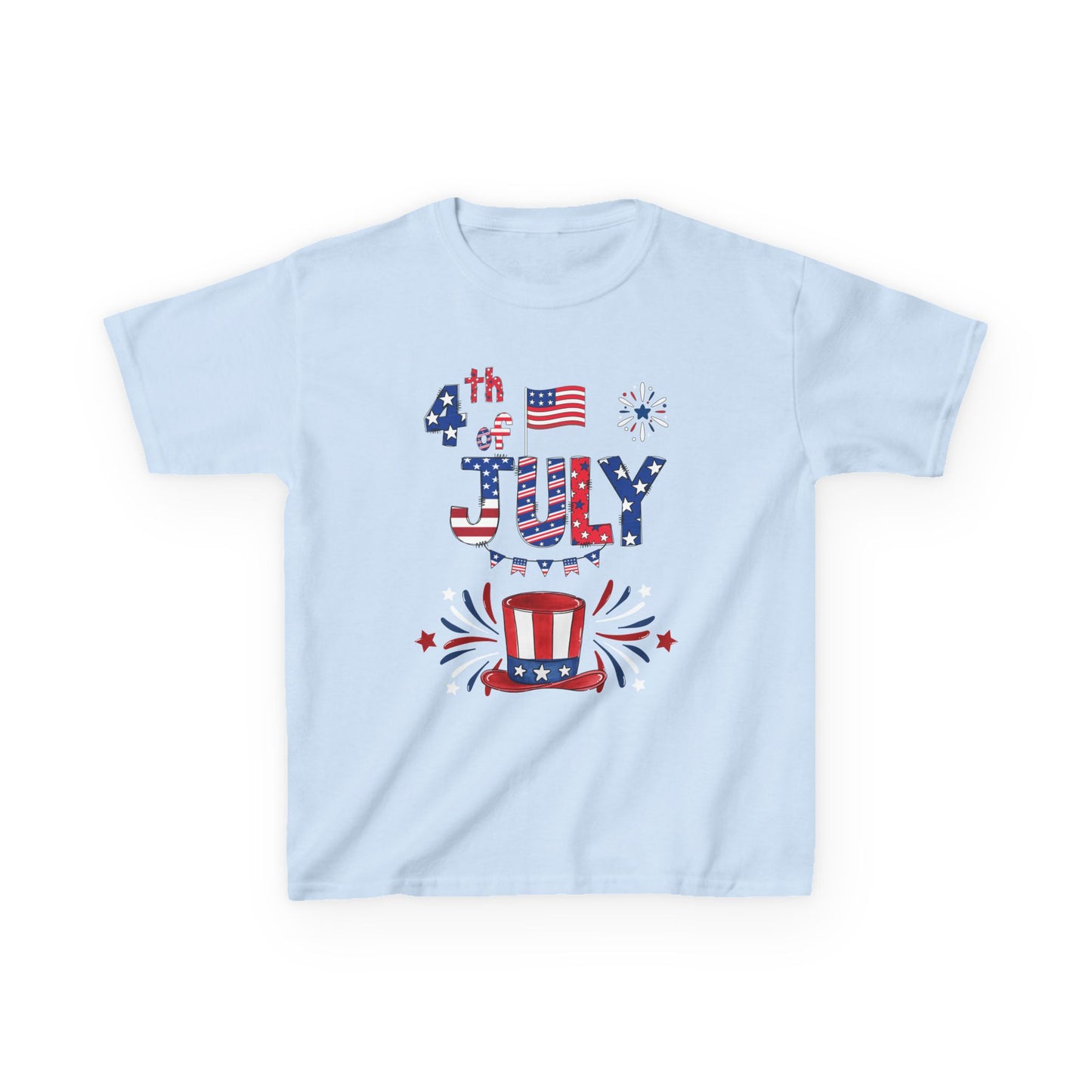 Kids "4th of July" Patriotic Boxy Tee — Celebrate This Special Day With Fireworks & A Vibrant Uncle Sam Hat!
