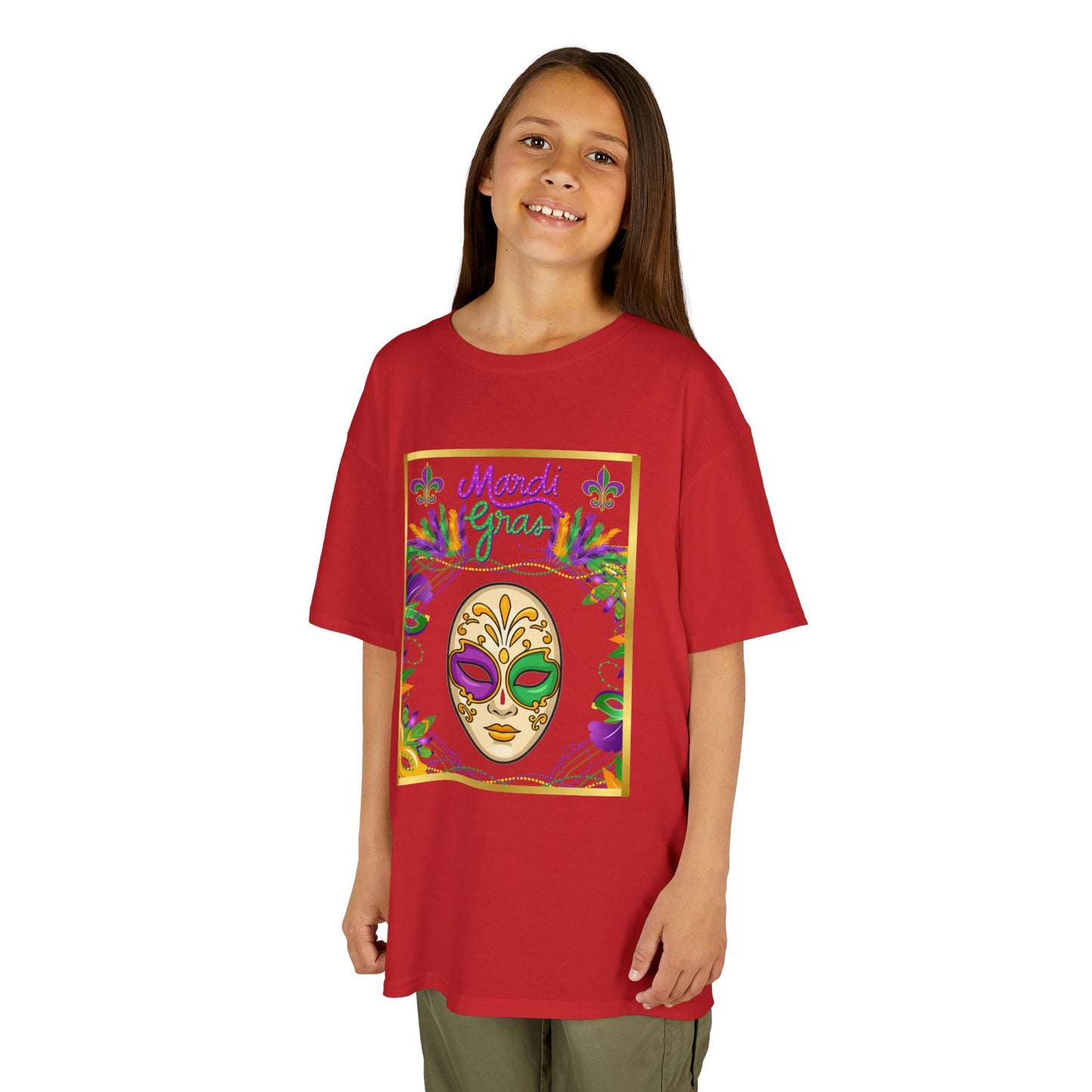 "Mardi  Gras Mask"  Youth Unisex  Boxy T-Shirt.  This Stylish & Colorful Tee Has All The Elements Needed For Carnival Cheer!