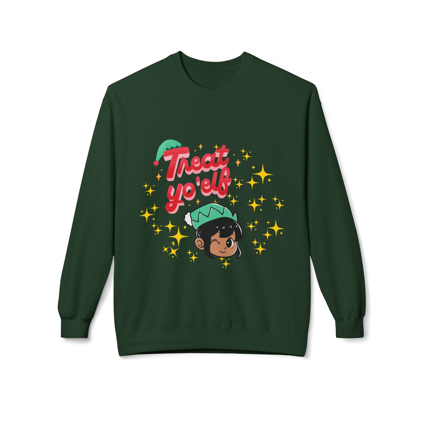 "Treat Yo'Elf" — Cute Elf Holiday Unisex Crewneck Sweatshirt