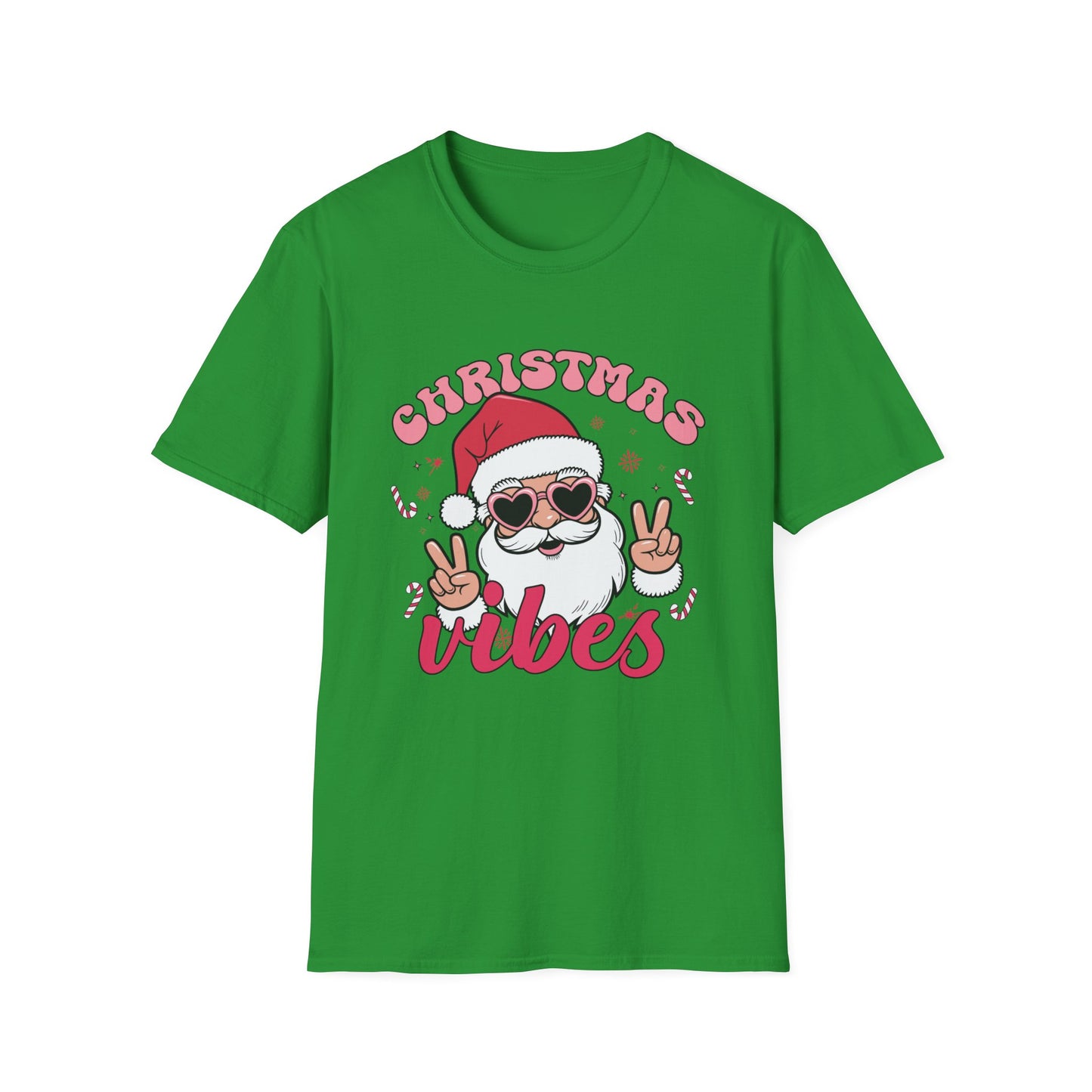 "Christmas Vibes"  Smiling Santa Holiday Unisex T-Shirt.  Cool(Tan)Santa Wearing His Shades And Sharing A "Peace Sign".
