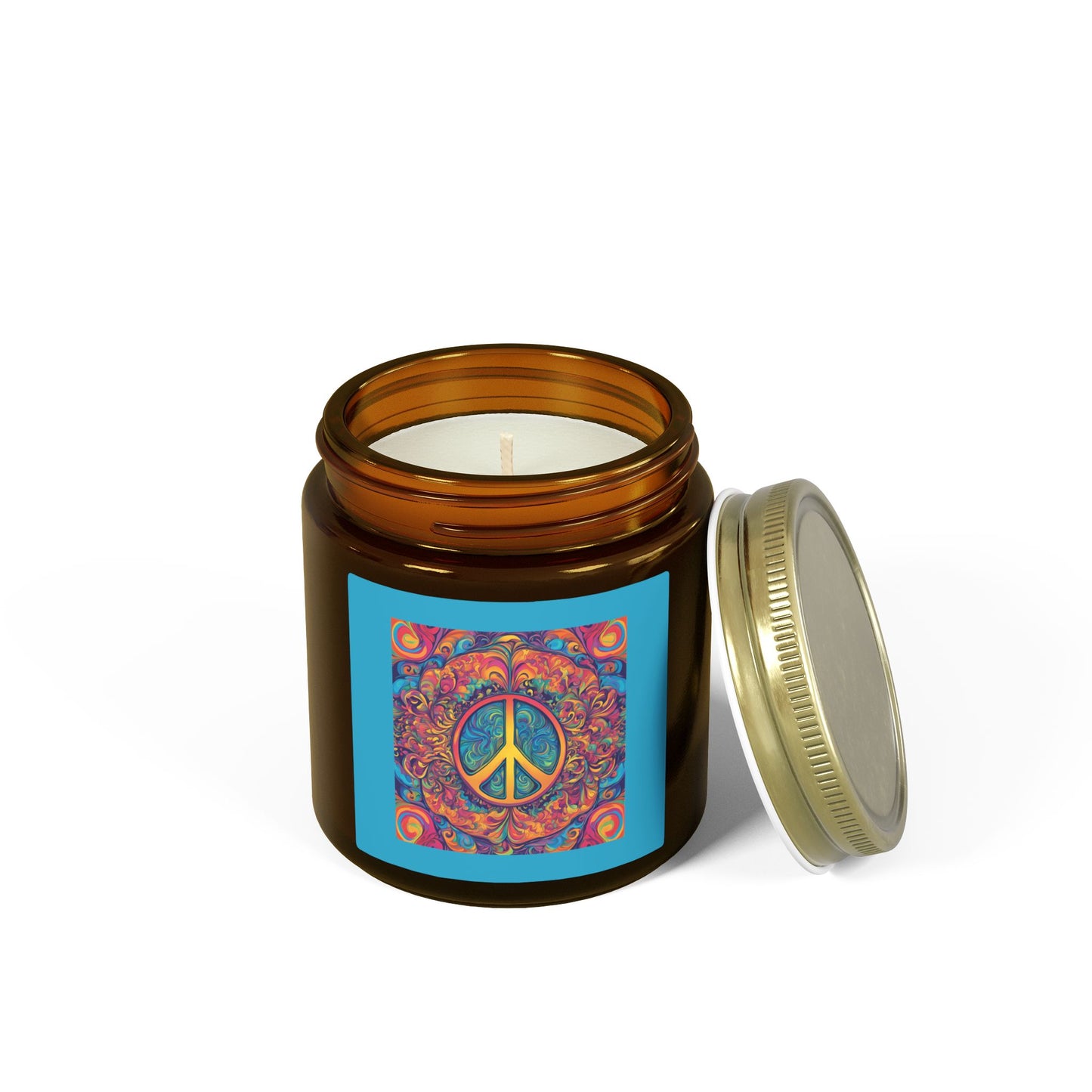 "Psychedelic Peace Sign" Amber Glass Scented Candle  with Coconut Apricot Wax (4oz & 9oz) —A Groovy Scented Candle Label, 4 Warm Scents