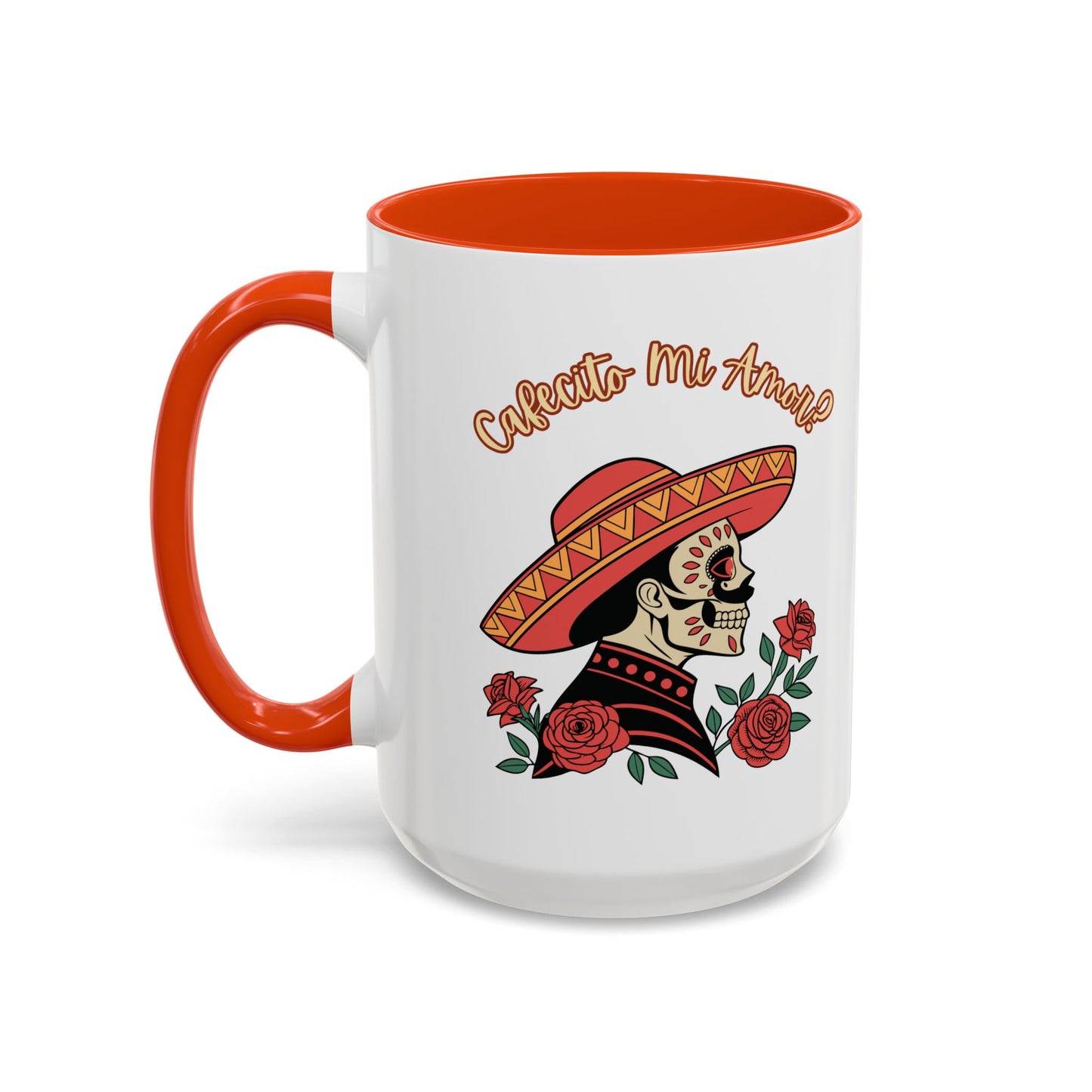 "Cafecito Mi Amor?" -El Hombre, Sugar Skull Style, White Ceramic Mugs with Colorful Accents (11oz/15oz)