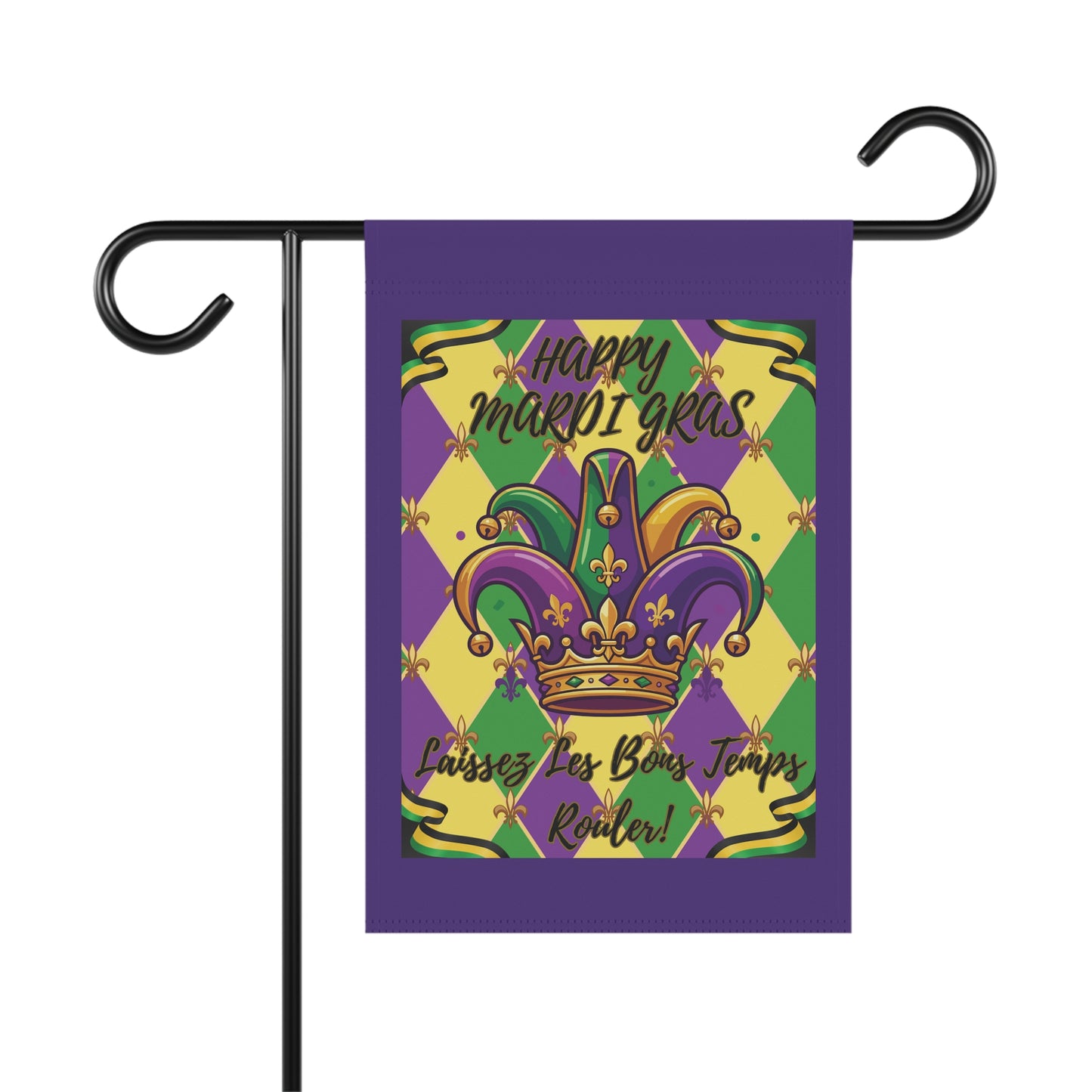 Mardi Gras Jester Crown Garden Flag — "Happy Mardi Gras-Laissez Les Bons Temps Rouler!" House Banner-Purple