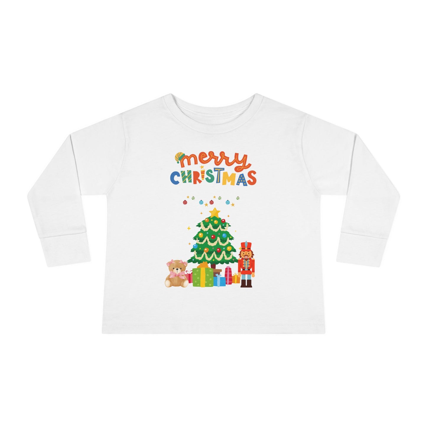"Merry Christmas" Toddler Long Sleeve Tee – Cute Tree, Gifts & Nutcracker Holiday Shirt
