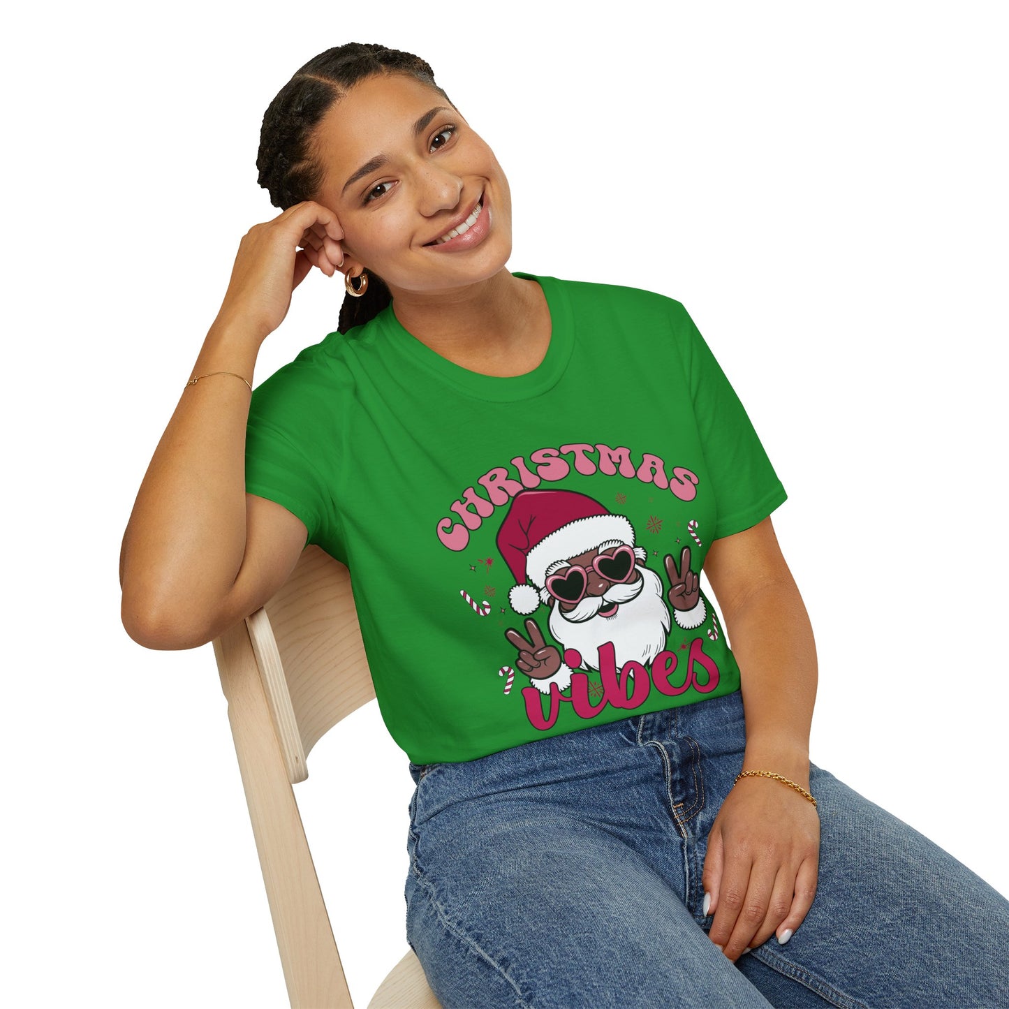 "Christmas Vibes" Unisex T-Shirt — Retro Santa Sporting Cool Sunglasses And A Peace Sign. What a Groovy Holiday Tee!