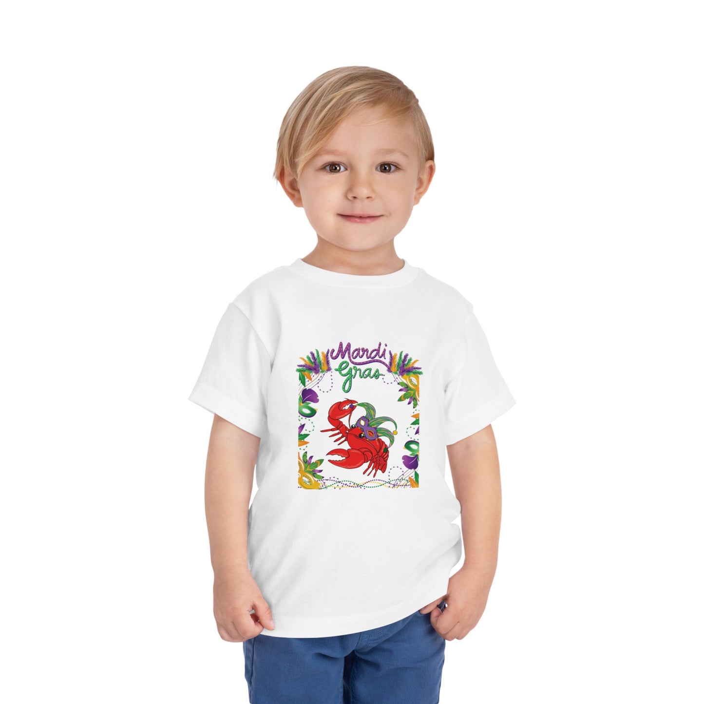 "Mardi Gras Crawfish" Toddler Short Sleeve Tee — Festive Masked Crawfish in Purple, Green & Gold!