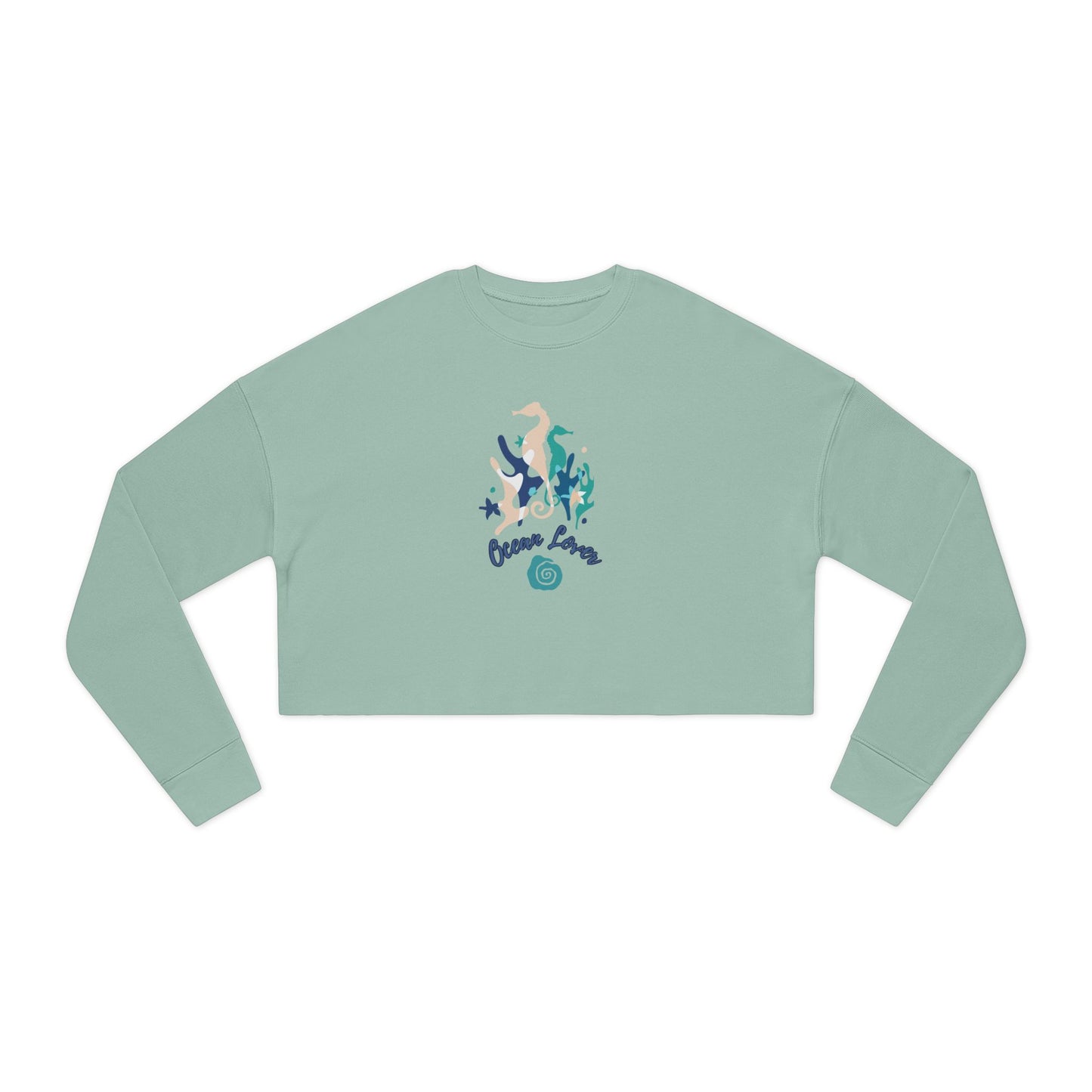 "Ocean Lover" Sea Horse & Coral Cropped Sweatshirt — Women's Beachy Crop Top