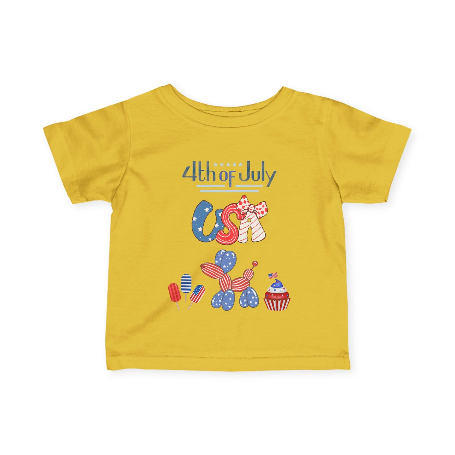4th of July Infant Tee — USA Patriotic Baby Shirt with Flag Bow & Cupcake