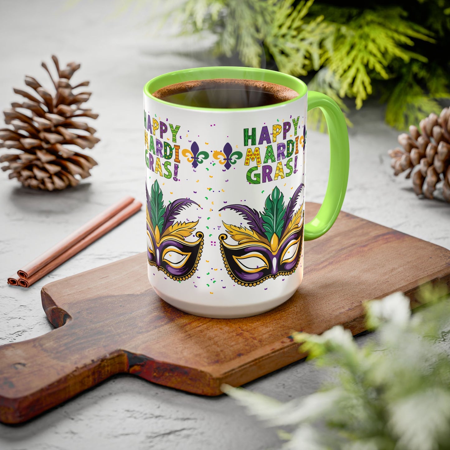 "Happy Mardi Gras" Mugs — Colorful 11oz/15oz Carnival Mask-Fleur De Lis Design White Ceramic Mugs