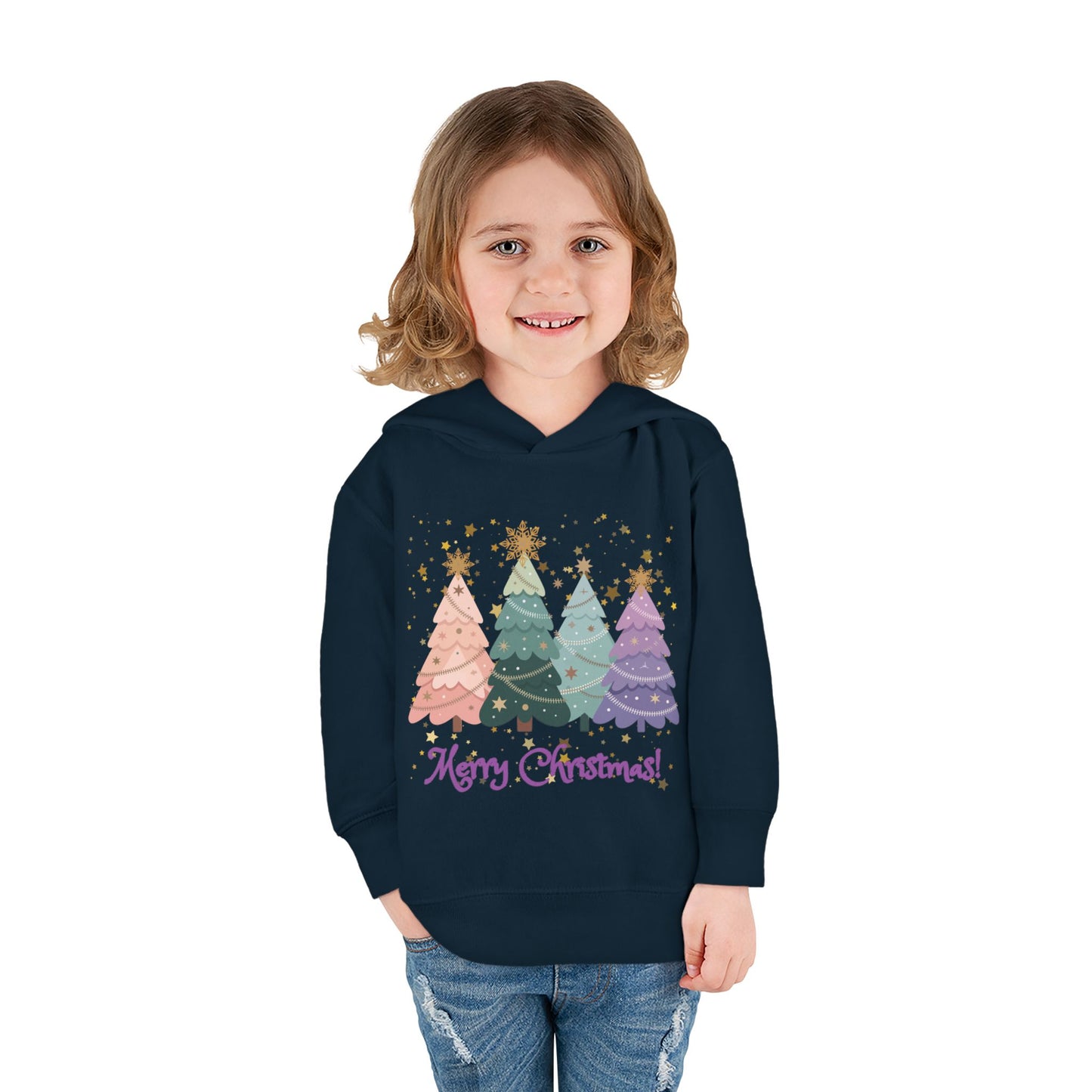 "Merry Xmas" Toddler Hoodie — Pastel Paper-Cut Christmas Trees with Gold Stars