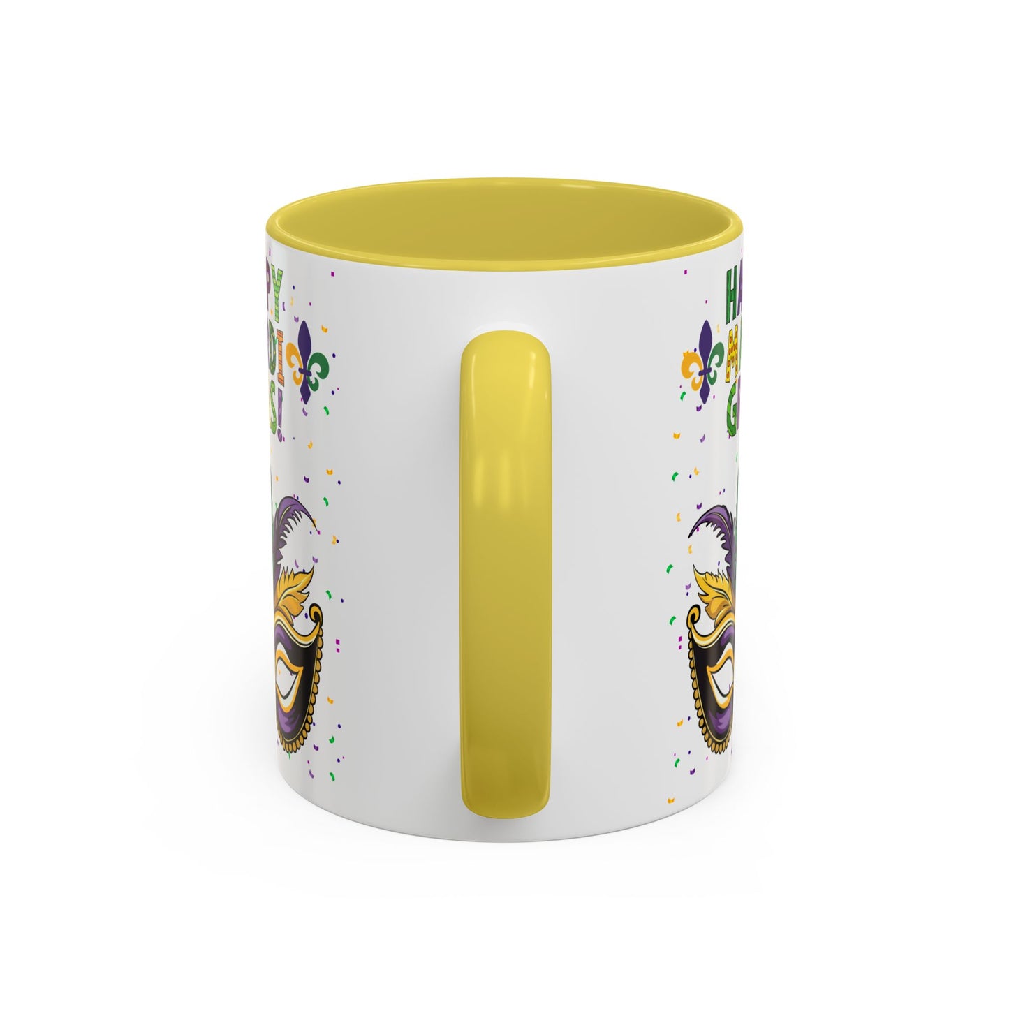 "Happy Mardi Gras Mask" White Ceramic 11oz Mugs With Colorful Accents.  Enjoy The Carnival Season Every time You Use This Mug.