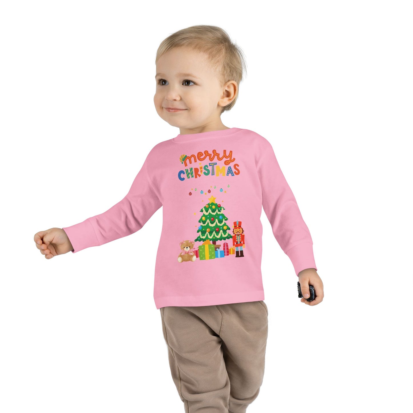 "Merry Christmas" Toddler Long Sleeve Tee – Cute Tree, Gifts & Nutcracker Holiday Shirt