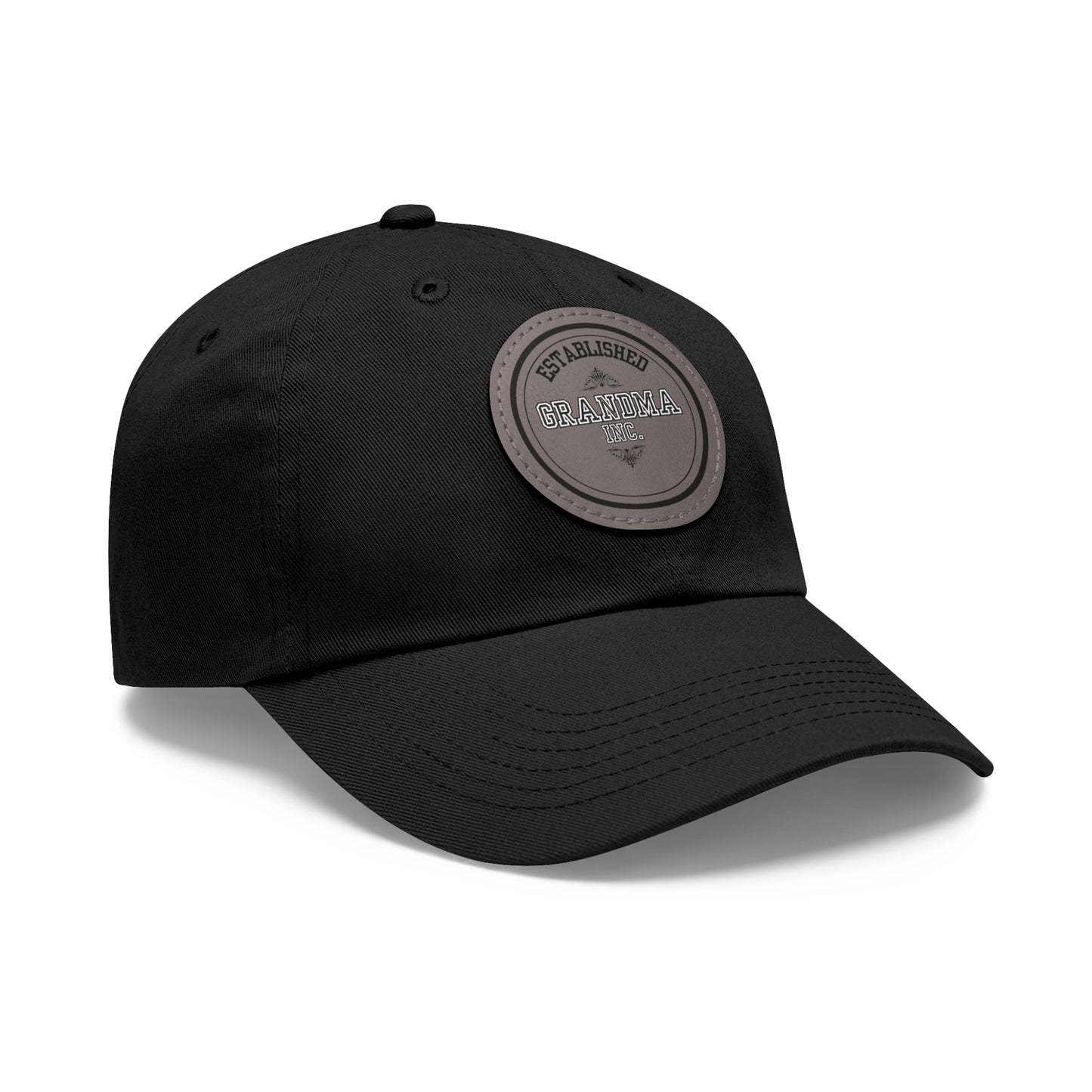 "GRANDMA INC." Black Twill Dad Hat with  PU Leather  Personalized Patch (Round)