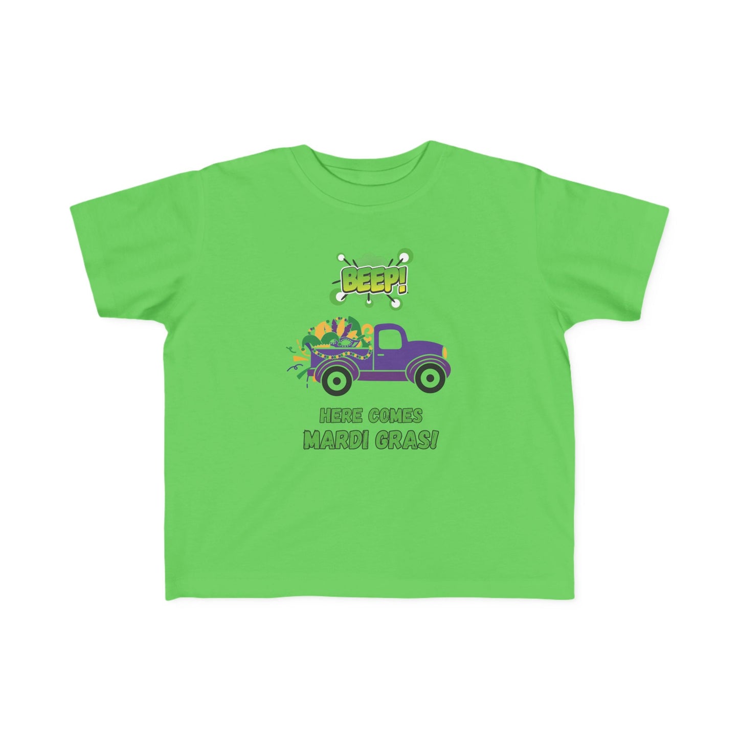 Mardi Gras Toddler Tee — "Beep! Here Comes Mardi Gras!" Purple Truck Kids Shirt