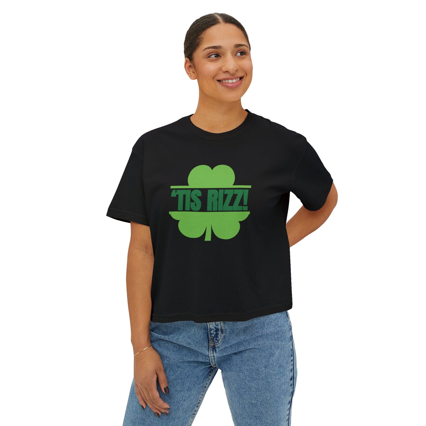 "Tis Rizz Shamrock" Cropped  Boxy Tee — Women's St. Patrick's Day Trendy Shirt