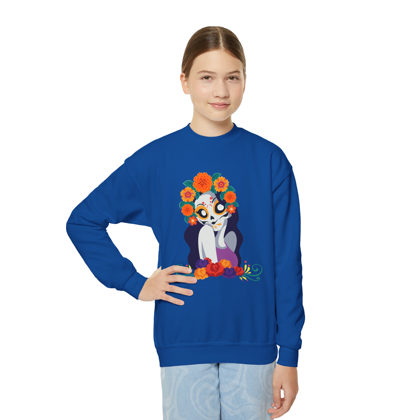 Whimsical Floral  "Katrina Skull" Youth Crewneck Sweatshirt. Perfect for Dia De Los Muertos or any occasion!