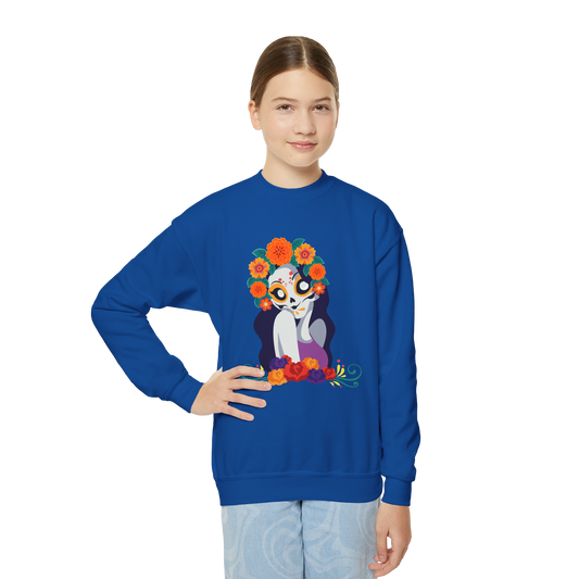 Whimsical Floral  "Katrina Skull" Youth Crewneck Sweatshirt. Perfect for Dia De Los Muertos or any occasion!
