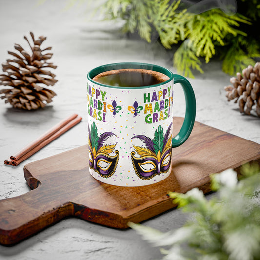 "Happy Mardi Gras Mask" White Ceramic 11oz Mugs With Colorful Accents.  Enjoy The Carnival Season Every time You Use This Mug.