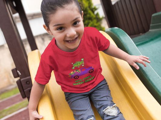 Mardi Gras Toddler Tee — "Beep! Here Comes Mardi Gras!" Purple Truck Kids Shirt