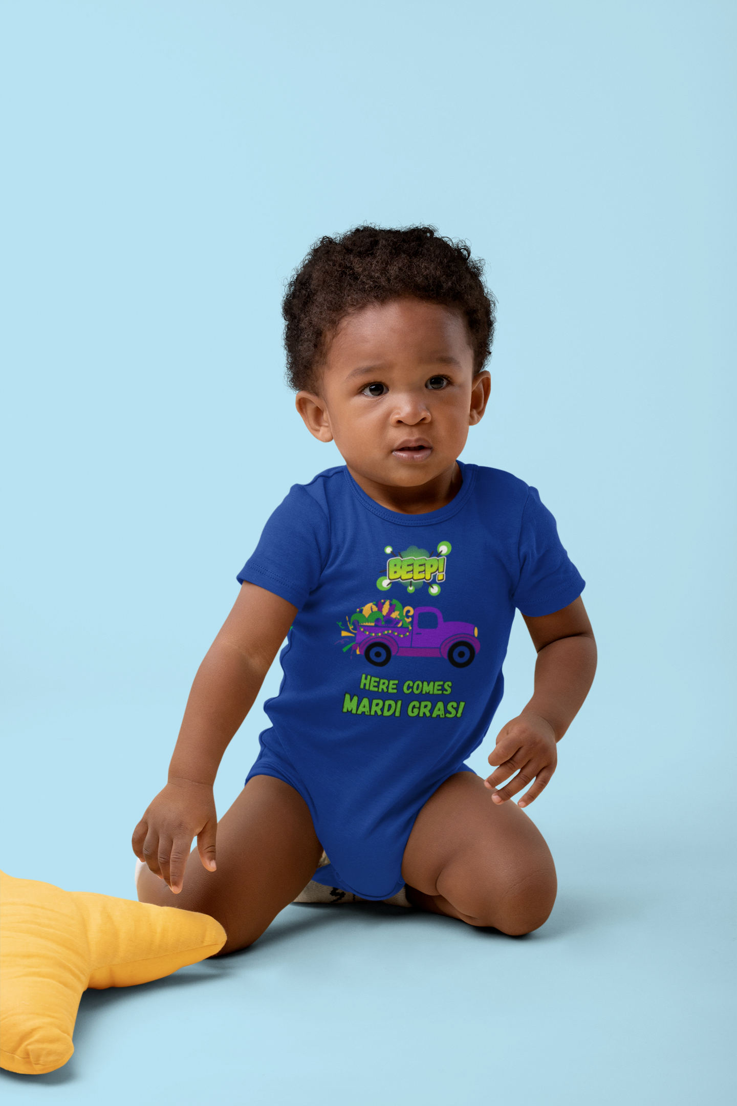 Mardi Gras Infant Bodysuit — "BEEP! Here Comes Mardi Gras" Purple Truck Baby Onesie