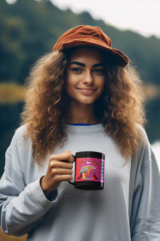 "Groovy Ombre Mushroom" Mug,  Black Ceramic Coffee Mugs In 15oz & 11oz