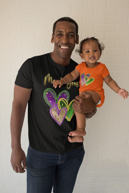 "Mardi Gras Hearts" Infant Bodysuit.  Colorful 'Hugging Hearts' Jazz Up Baby's Wardrobe For Carnival Season