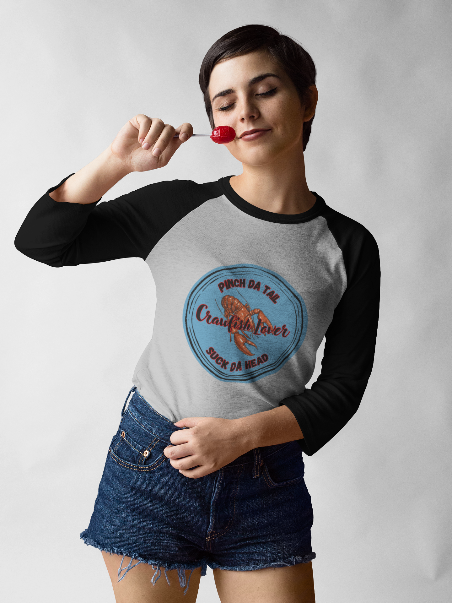 "Crawfish Lover" Unisex  Raglan Shirt — "Pinch Da Tail, Suck Da Head".  The Only Way To Eat Boiled Crawfish