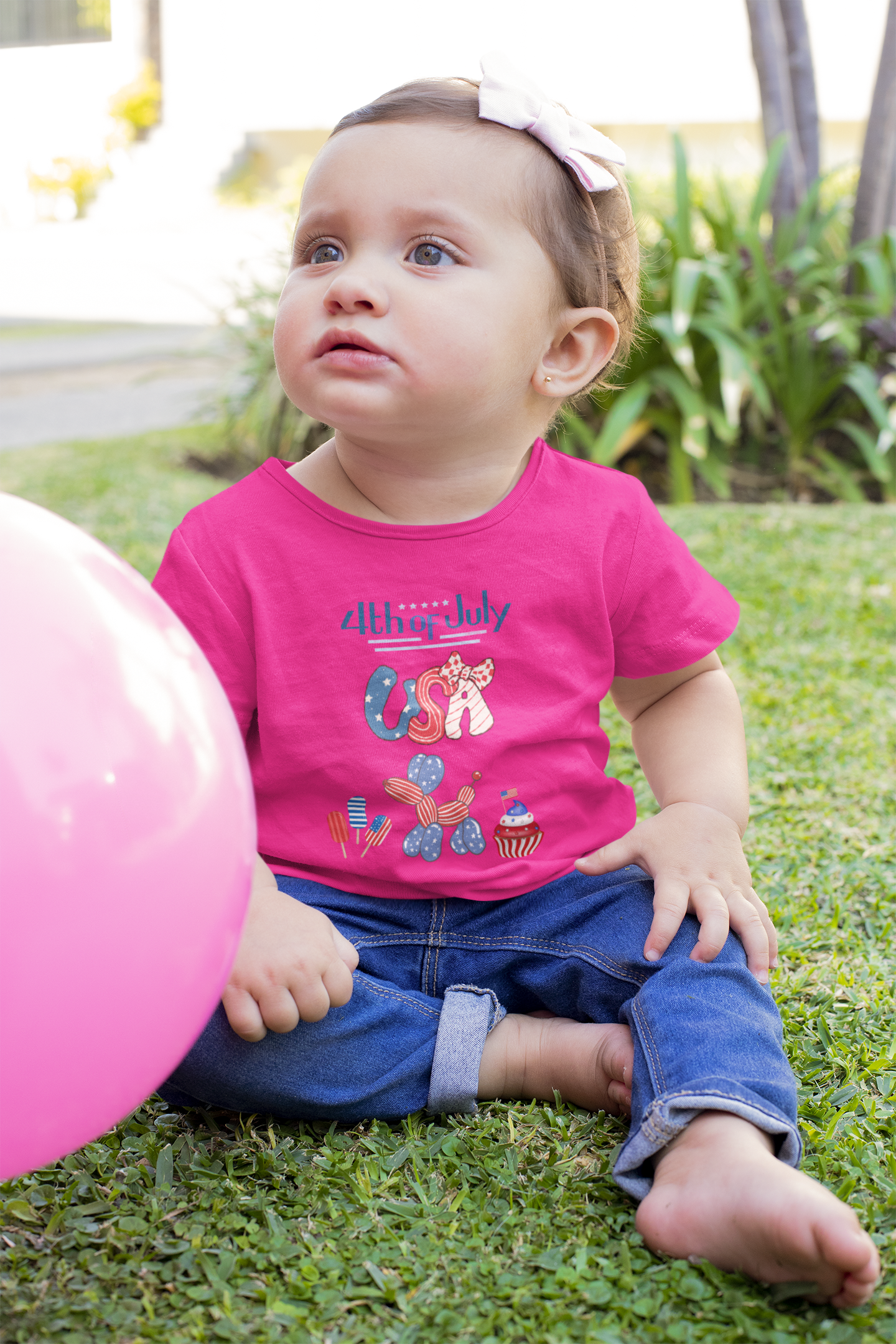 4th of July Infant Tee — USA Patriotic Baby Shirt with Flag Bow & Cupcake
