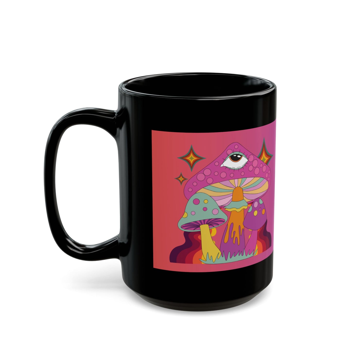 "Groovy Ombre Mushroom" Mug,  Black Ceramic Coffee Mugs In 15oz & 11oz