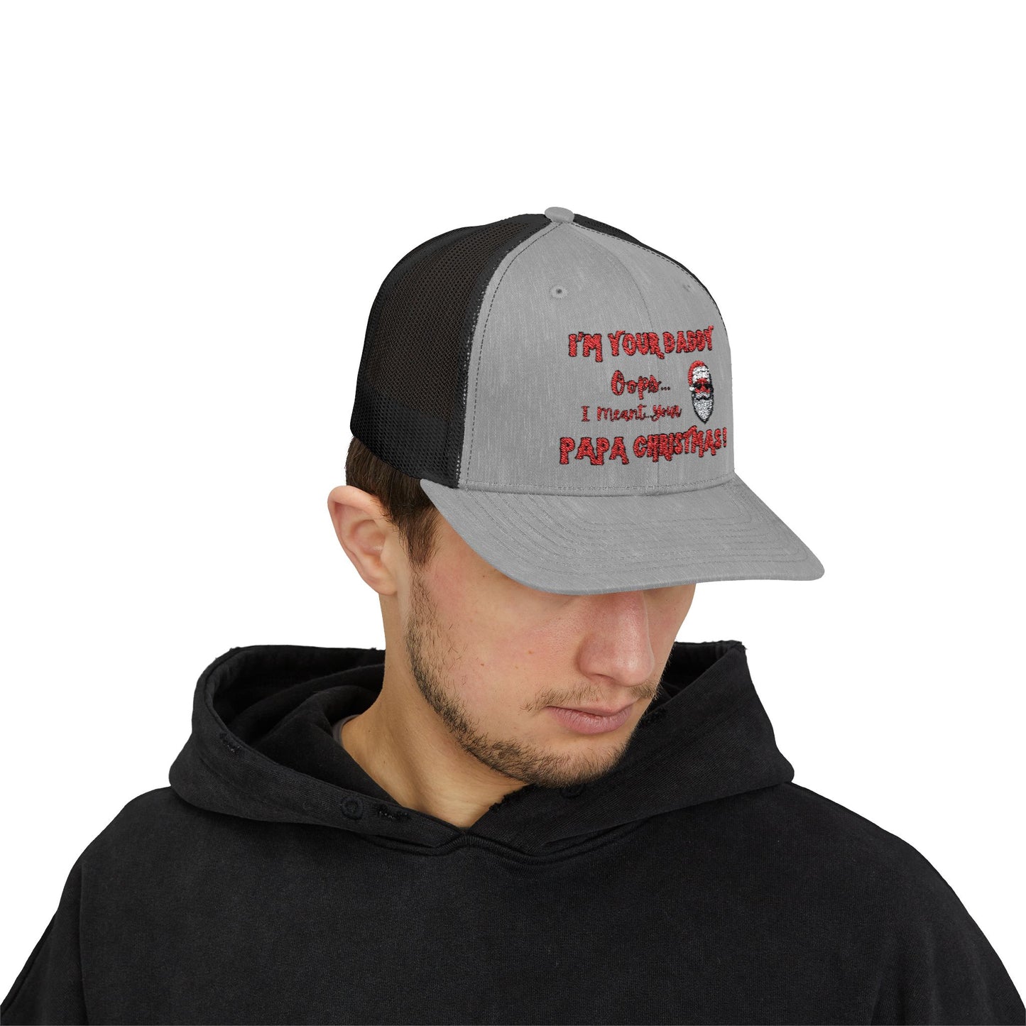"I’m Your Daddy…Oops I Meant...PAPA CHRISTMAS!"  Embroidered, Holiday, Snap Back Trucker Cap -Brown Santa Design