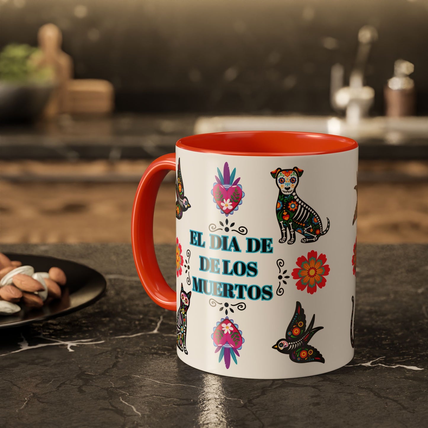 "El Dia De Los Muertos" Colorful White Ceramic Mugs with Colorful Accents Mugs, 11oz and 15oz
