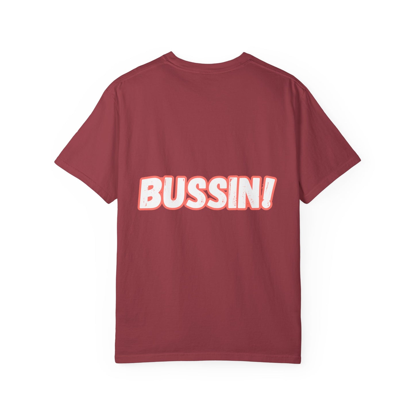 "BUSSIN!" Casual Graphic T-Shirt with Fun Emoji and 'Bussin!' Slogan-Front and Back Designs, Respectively