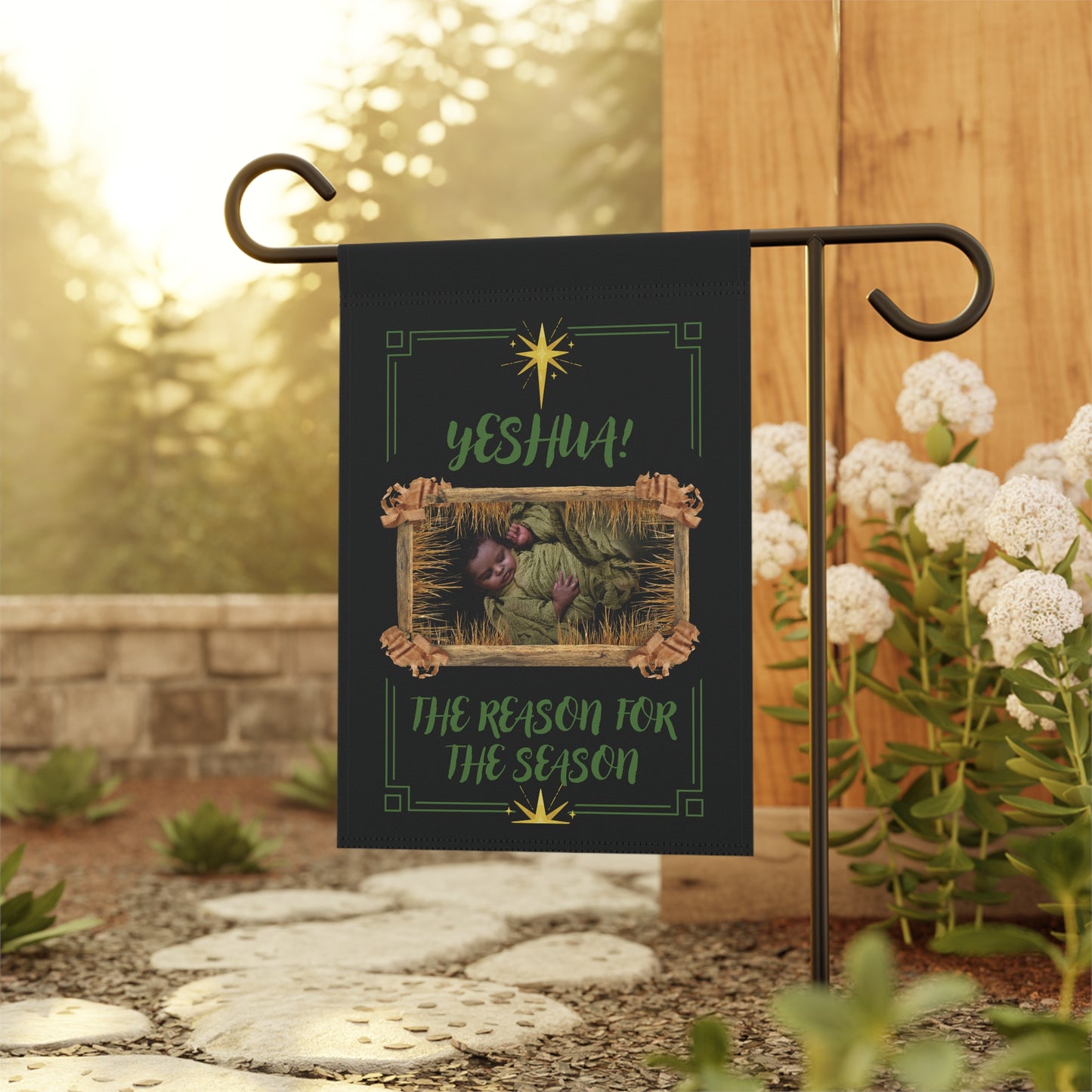 "Yeshua! The Reason for the Season" Garden Flag – Nativity Themed  "Baby In A Wooden Manger" Garden Flag In Black