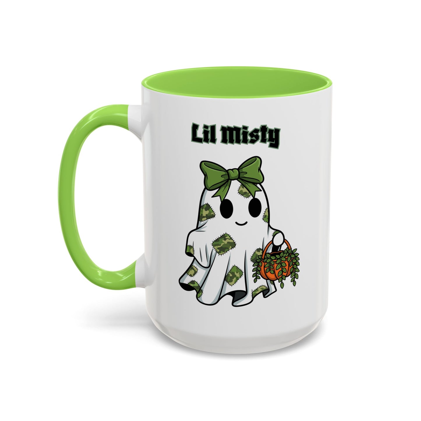 "Lil Misty Ghost" White Ceramic Mug  (11oz and 15oz) With Colorful Accents.  A Cute Halloween Mug for All Ages!