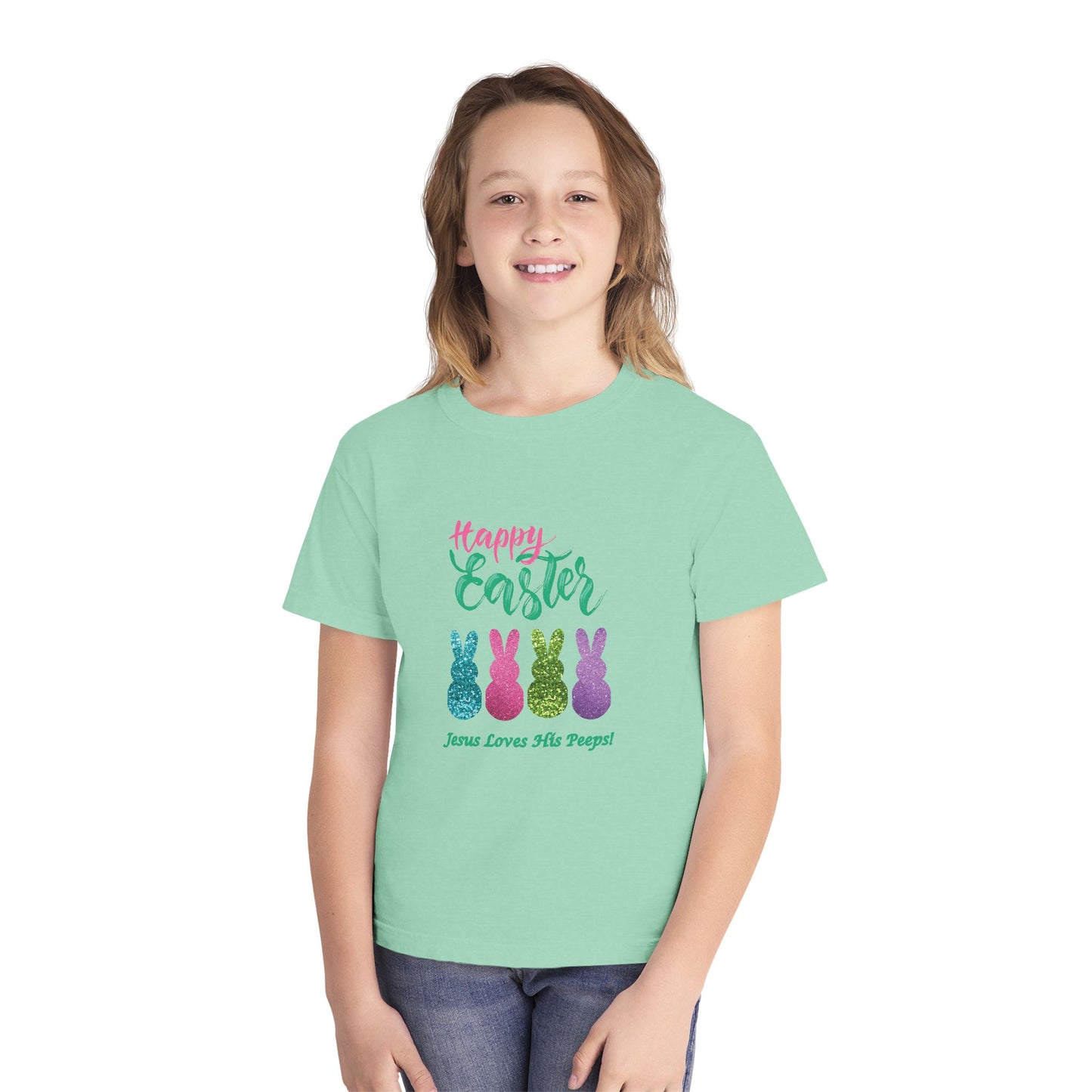Easter Bunny Youth Tee — "Happy Easter" Christian Kids/Youth Shirt (Jesus Loves His Peeps)