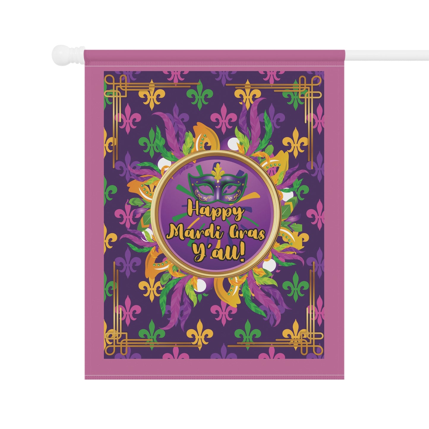 Mardi Gras Garden Flag — “Happy Mardi Gras Y’all” Decorative House Banner-Pink