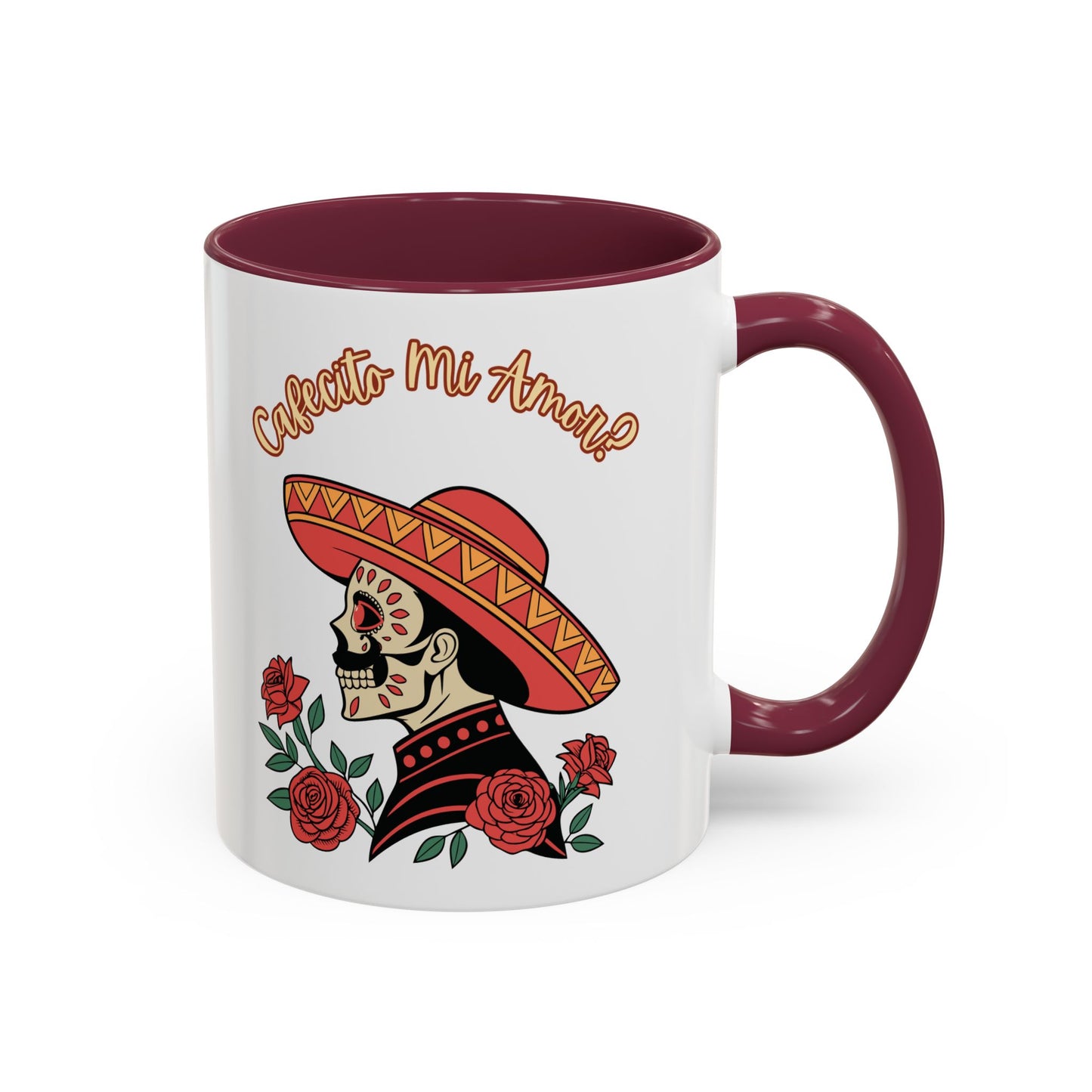 "Cafecito Mi Amor?" -El Hombre, Sugar Skull Style, White Ceramic Mugs with Colorful Accents (11oz/15oz)